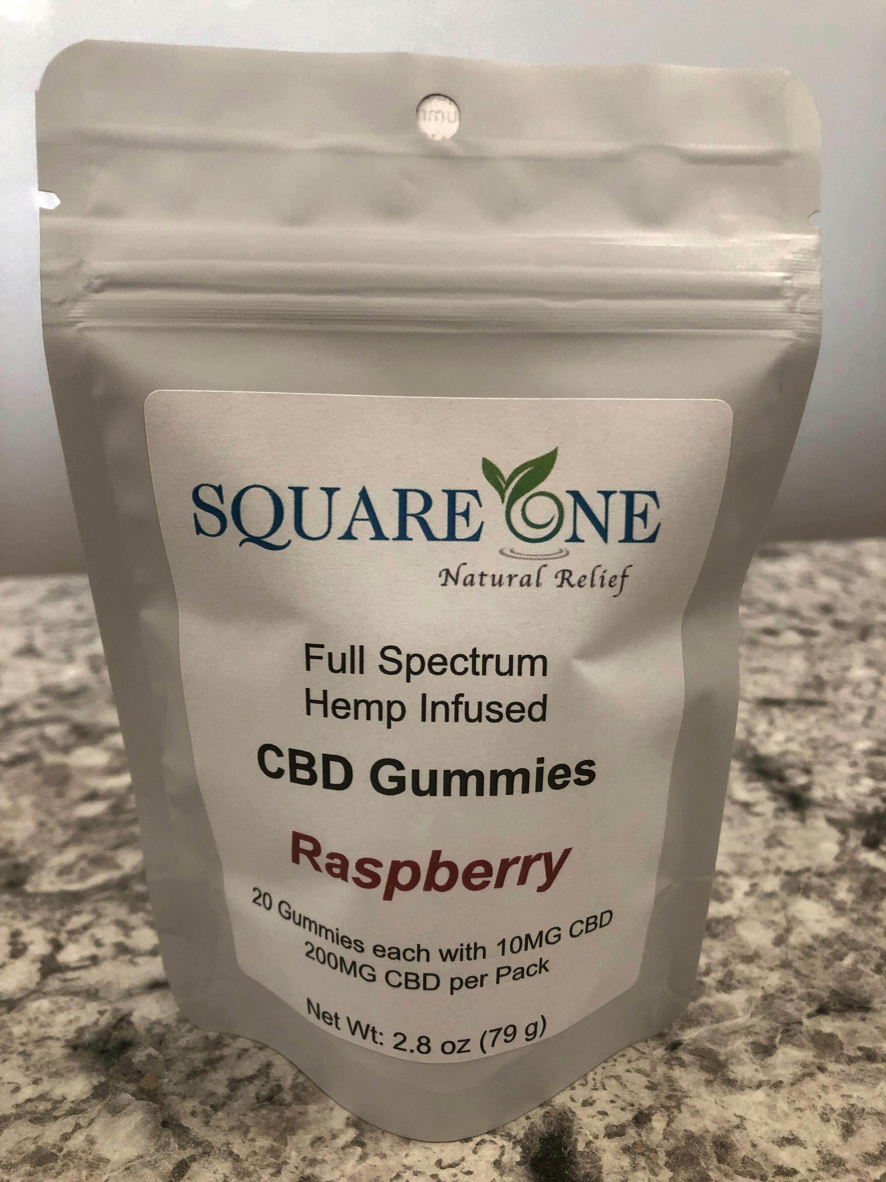 Square One Natural Relief | Full Spectrum Hemp Derived CBD Gummies Raspberry 20pk 200mg