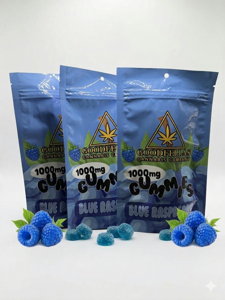 Gummies, indica-Blue Raspberry 1,000mg-100mg Per Unit-10 units Per Bag
