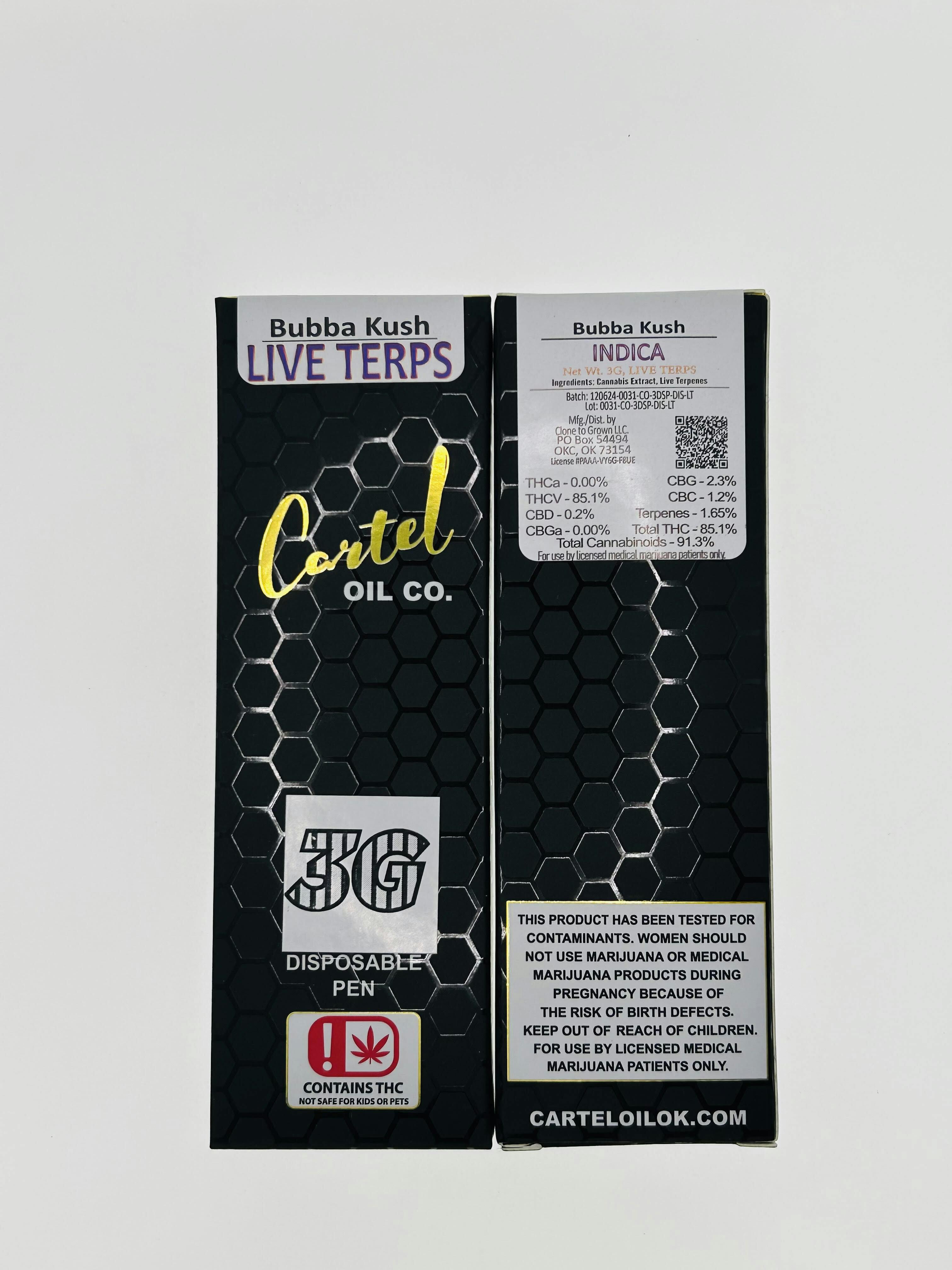 Cartel Oil Co | Bubba Kush | Live Terp Disposable | 3g