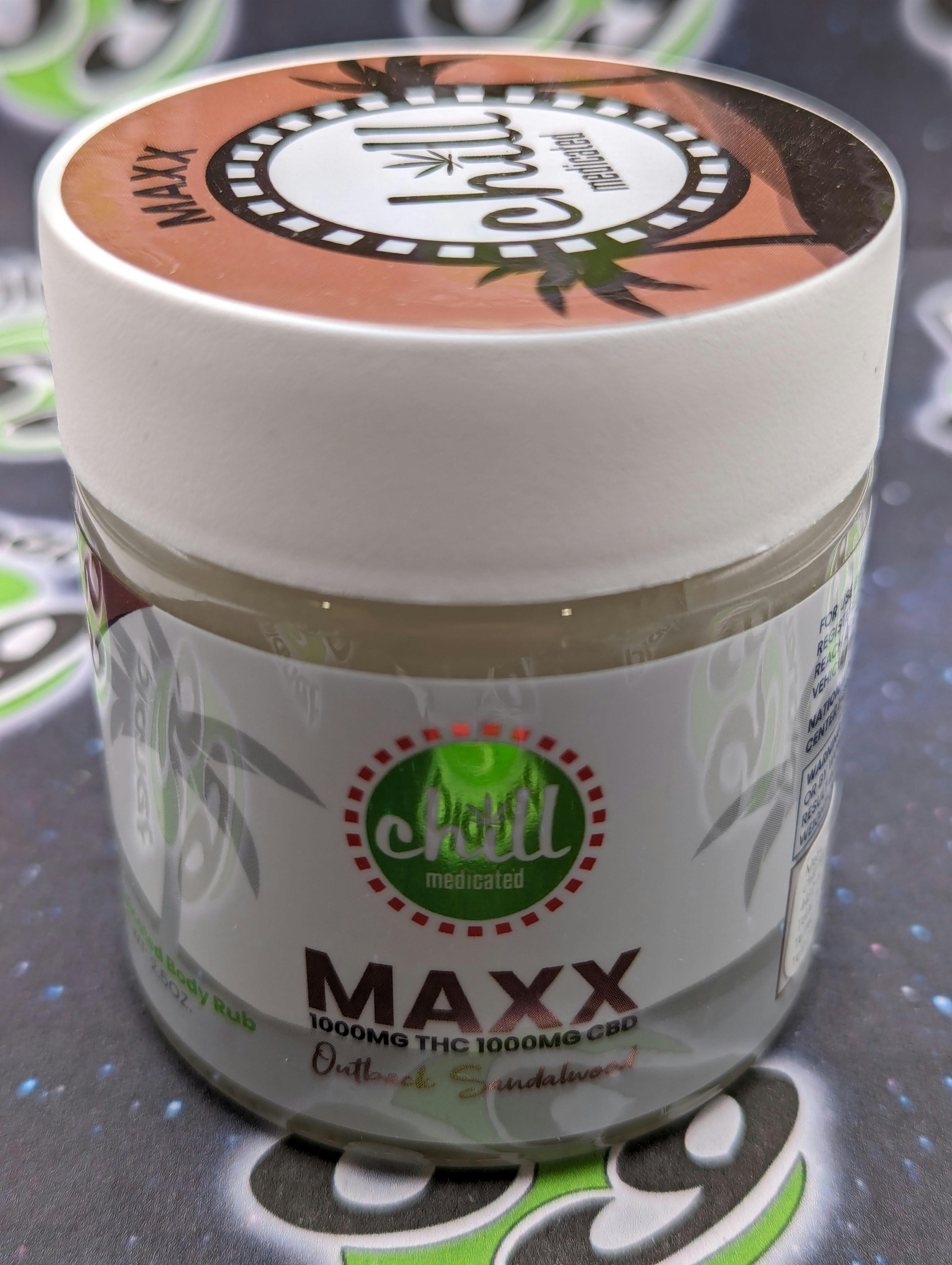 1000mg THC : 1000mg CBD | MAXX Outback Sandalwood Body Rub | REC