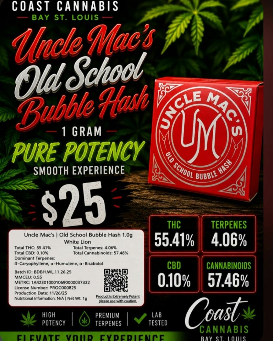 White Lion | 1G Uncle Mac's Old School Bubble Hash | River Remedy at Coast Cannabis