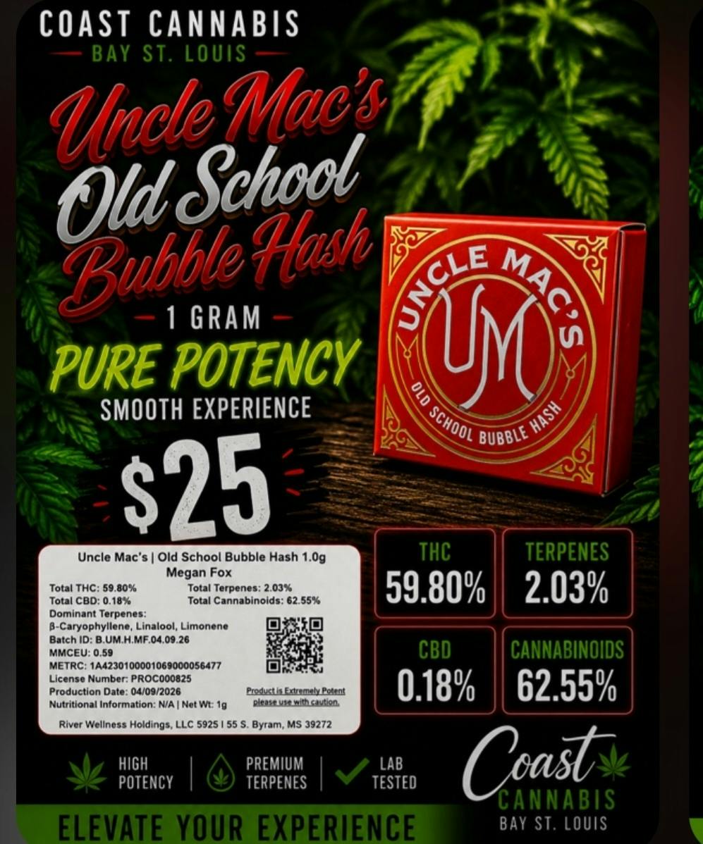 Megan Fox | 1G Uncle Mac's Old School Bubble Hash | River Remedy at Coast Cannabis