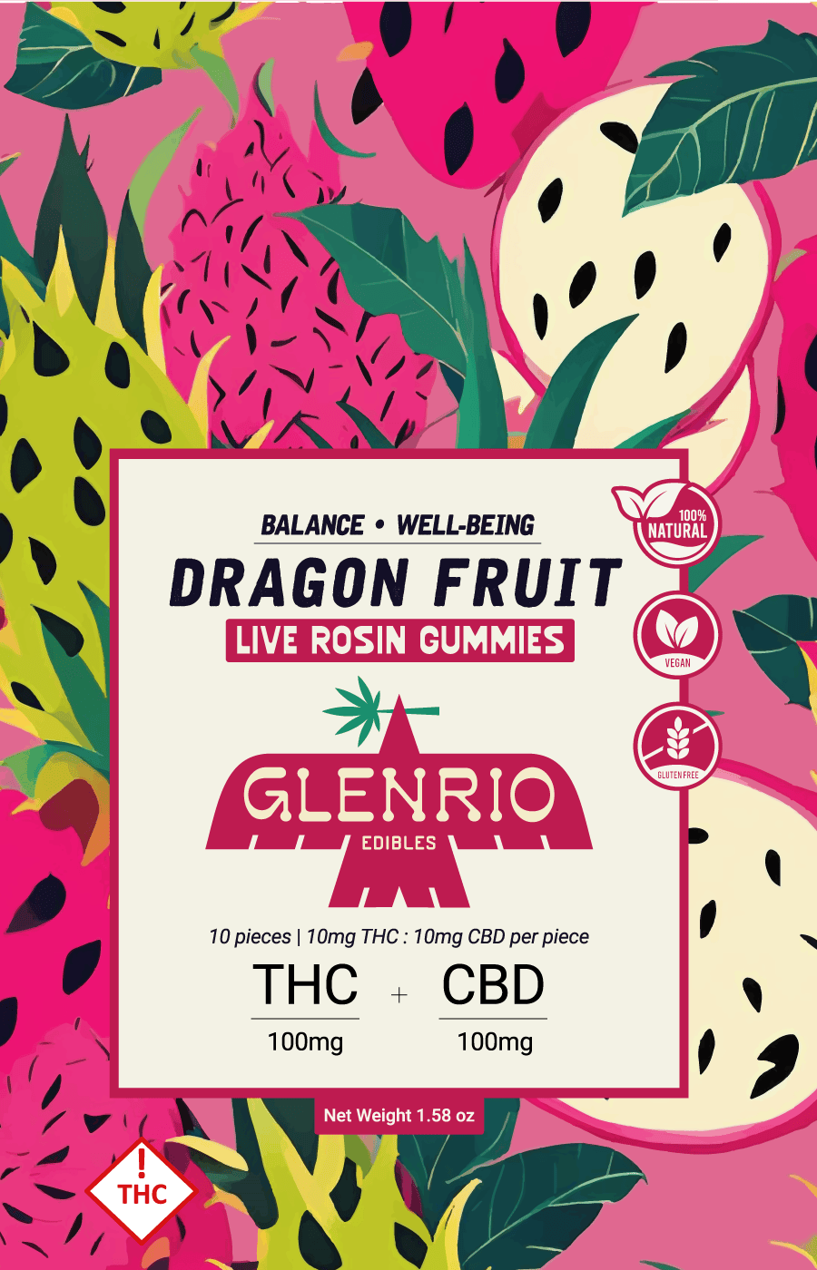 Glenrio 100mg Live Rosin Gummies | Dragon Fruit ( 1:1 thc / cbd )