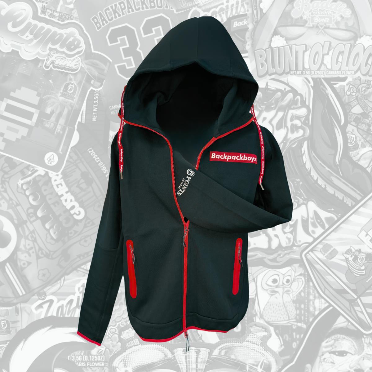 Backpack Boyz | Red Black Box Logo Tech Zip up Hoodie | Merch
