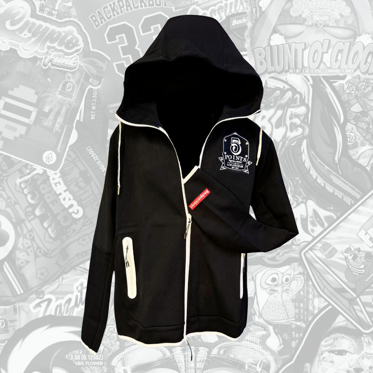Backpack Boyz | Black White 5 Points Tech Zip up Hoodie | Merch