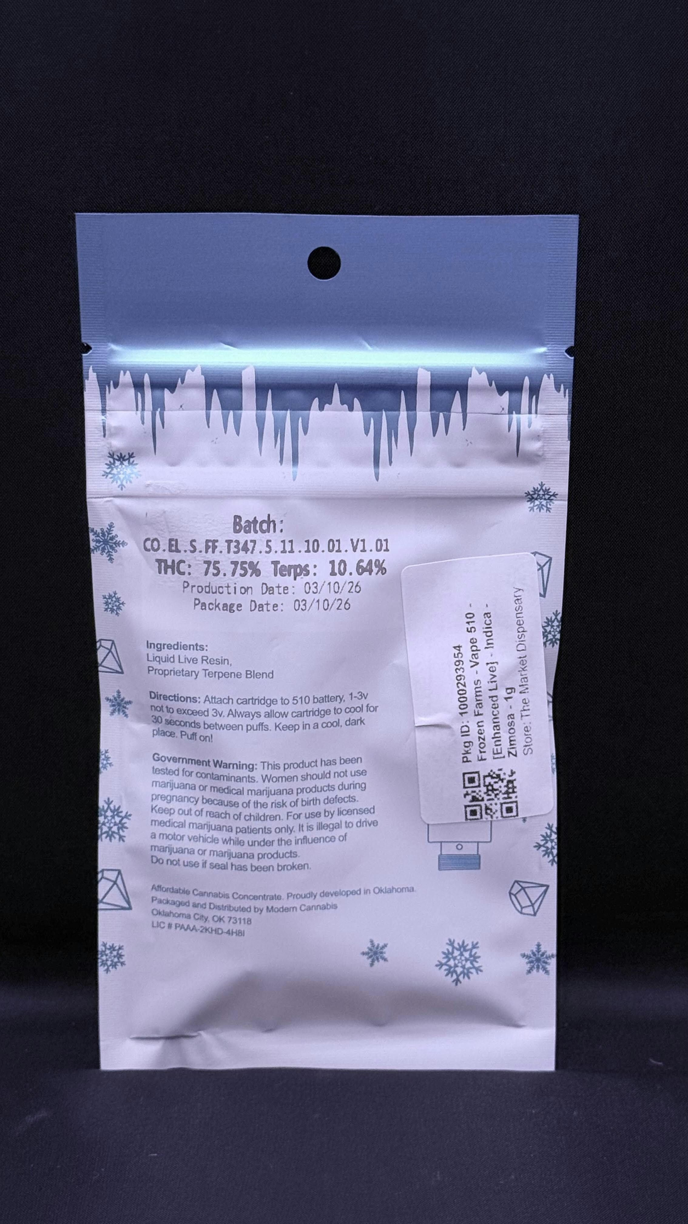 Frozen Farms - Zimosa - 1G Live Resin Cartridge (INDICA) by Frozen Farms