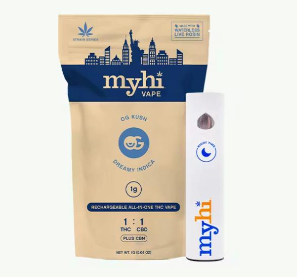 OG Kush Indica (1:1 THC:CBD + CBN) - Waterless Rosin AIO Vape - 1g by My Hi