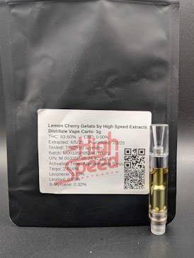 Distillate Cartridge 1g - Lemon Cherry Gelato, 83.60% THC - High Speed Extracts