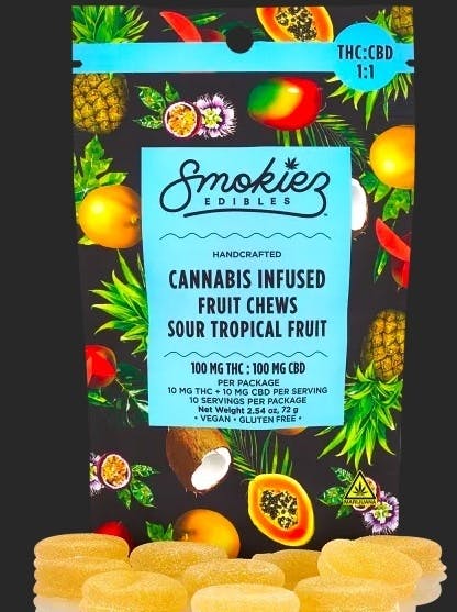 Smokiez Sour Tropical Fruit 100mg THC : 100mg CBD 1:1 Fruit Chews - 10pk