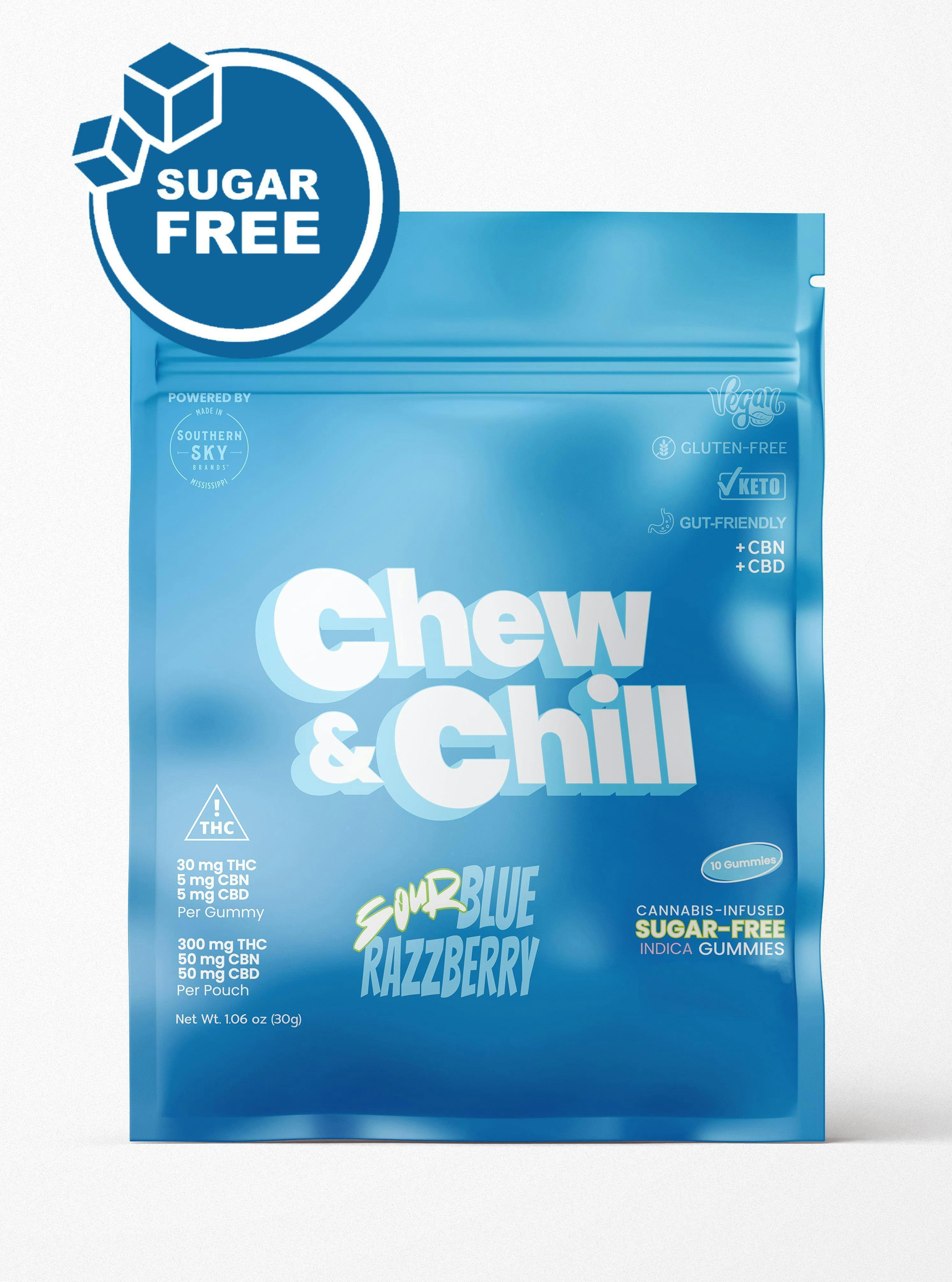 Chew & Chill | 300mg | Sour Blue Razzberry | Sugar Free Gummies | 10pk cannabis product