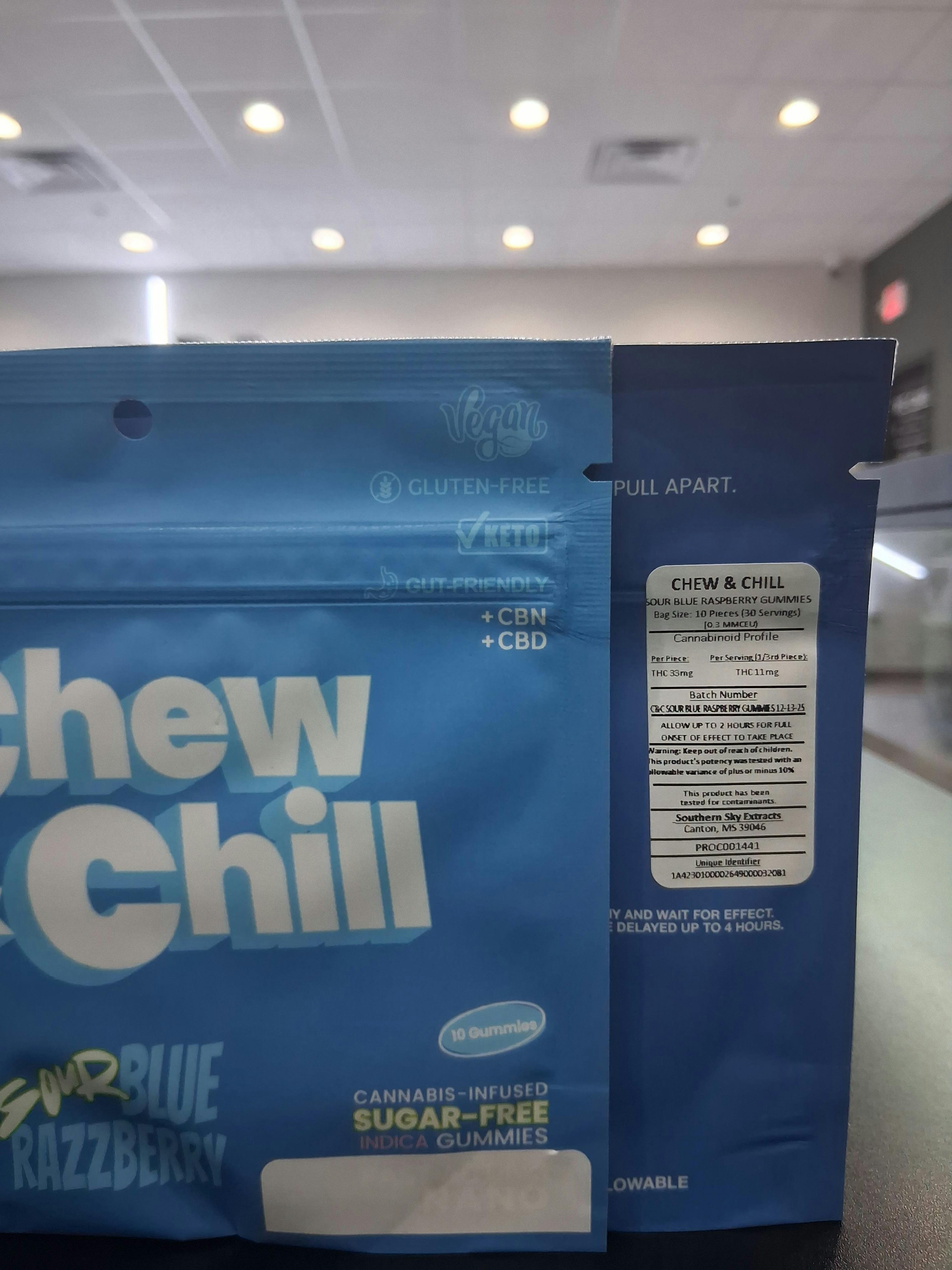 Chew & Chill | 300mg | Sour Blue Razzberry | Sugar Free Gummies | 10pk