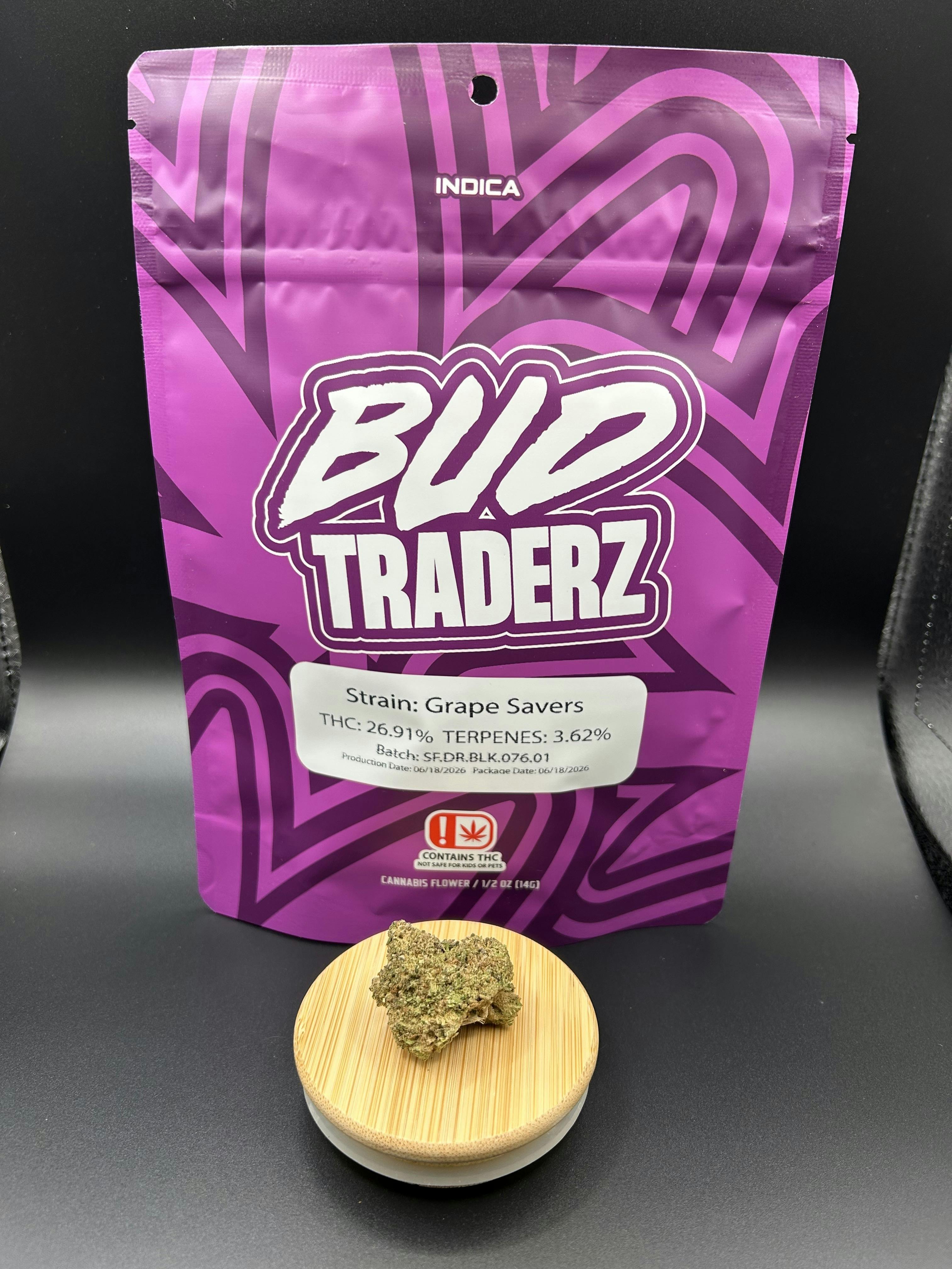 Bud Traderz | Grape Savers | THC: 26.91% TERPS: 3.62% | 14G Pre-Pack (Tax Included)