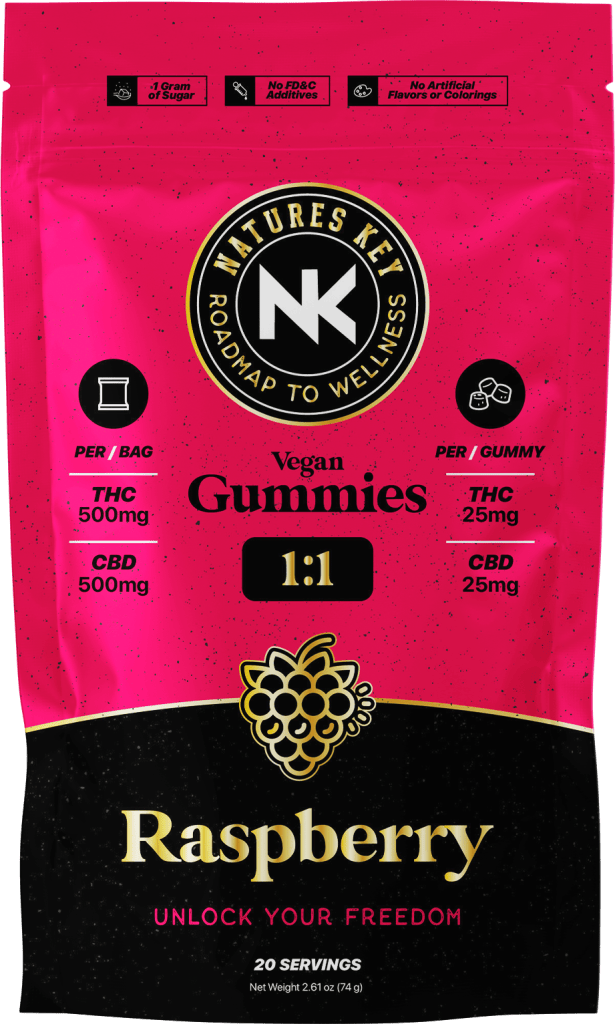 Nature's Key | Raspberry | 1:1 | 500MG CBD | 500mg THC | Vegan Gummies
