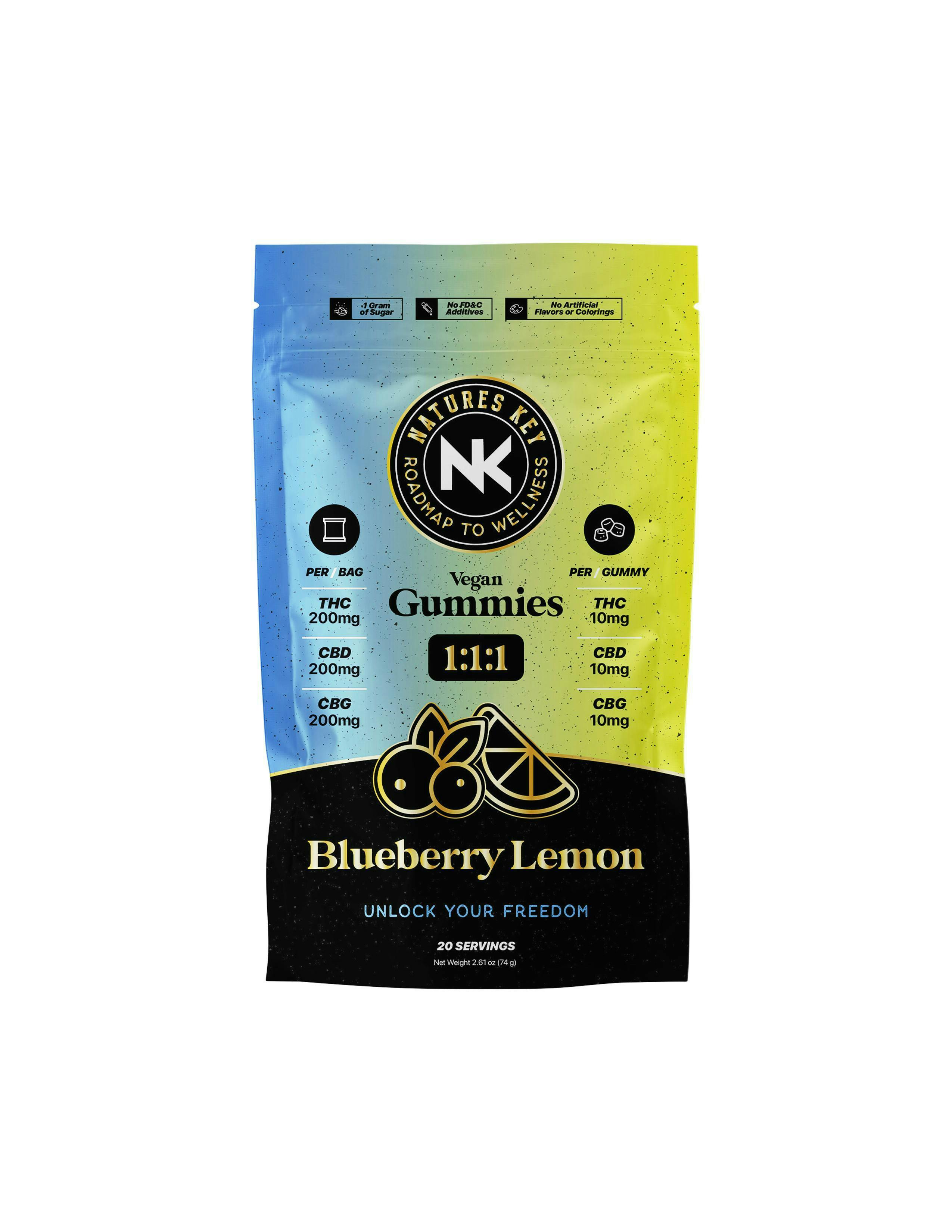 Nature's Key | Blueberry Lemon | 1:1:1 | 200mg THC | 200mg CBD | 200mg CBG | Vegan Gummies