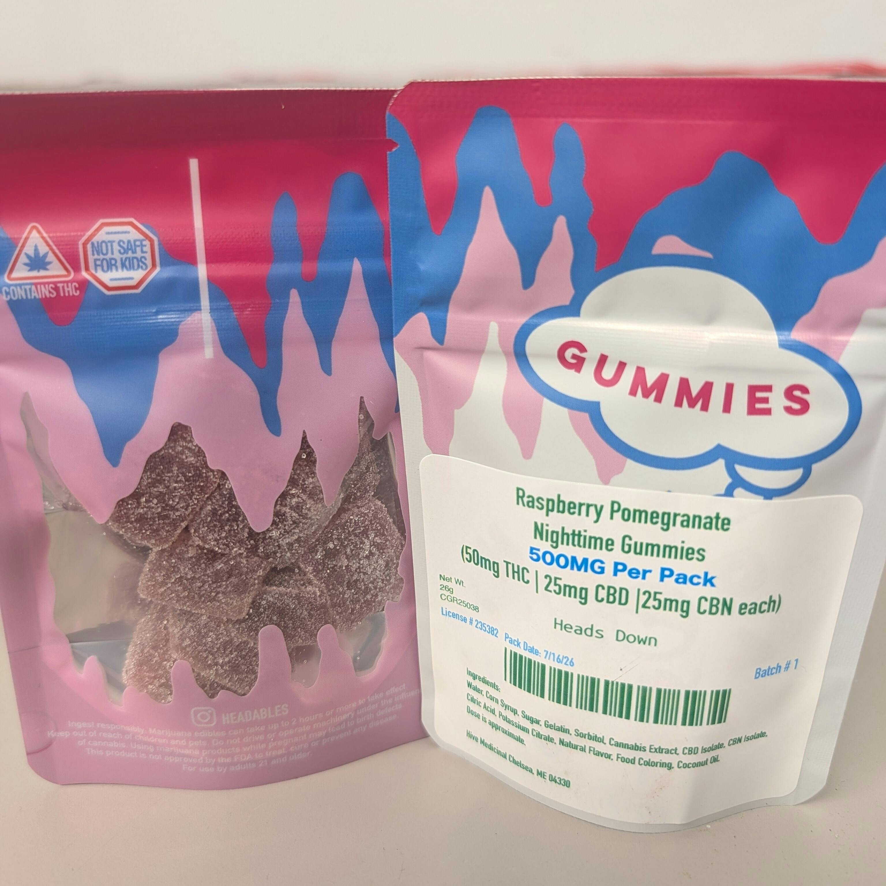 Heads Down | 2:1:1 THC:CBD:CBN Raspberry Pomegranate Nighttime Gummies - 500mg cannabis product