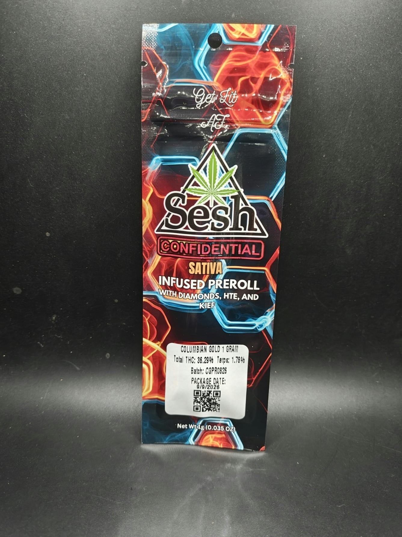 Sesh Confidential - Columbian Gold - 1G Diamond Infused Pre Roll