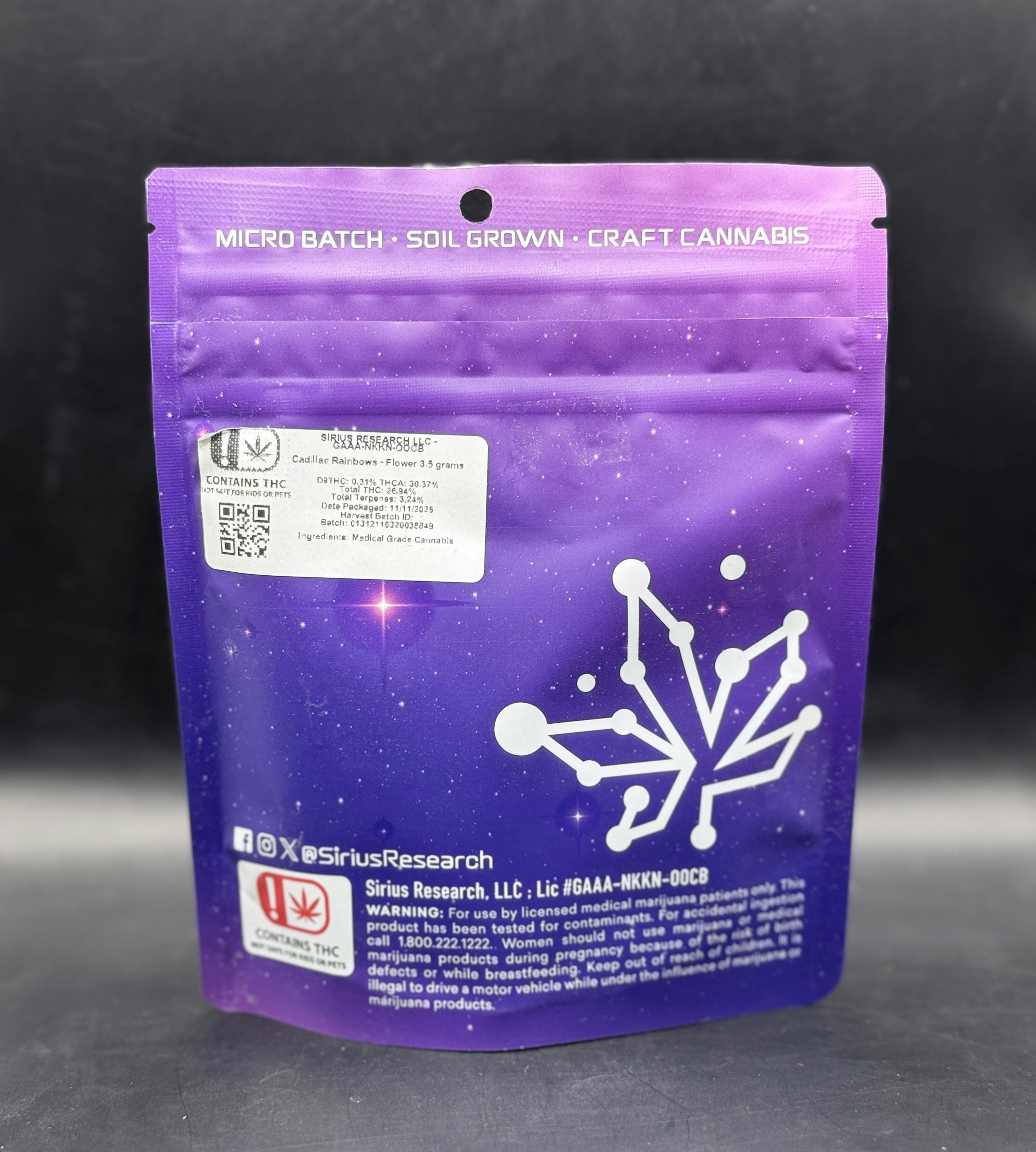 Sirius Research - Cadillac Rainbows - Top Shelf Pre-Pack Flower (7G/$30.17) (14G/$51.72)