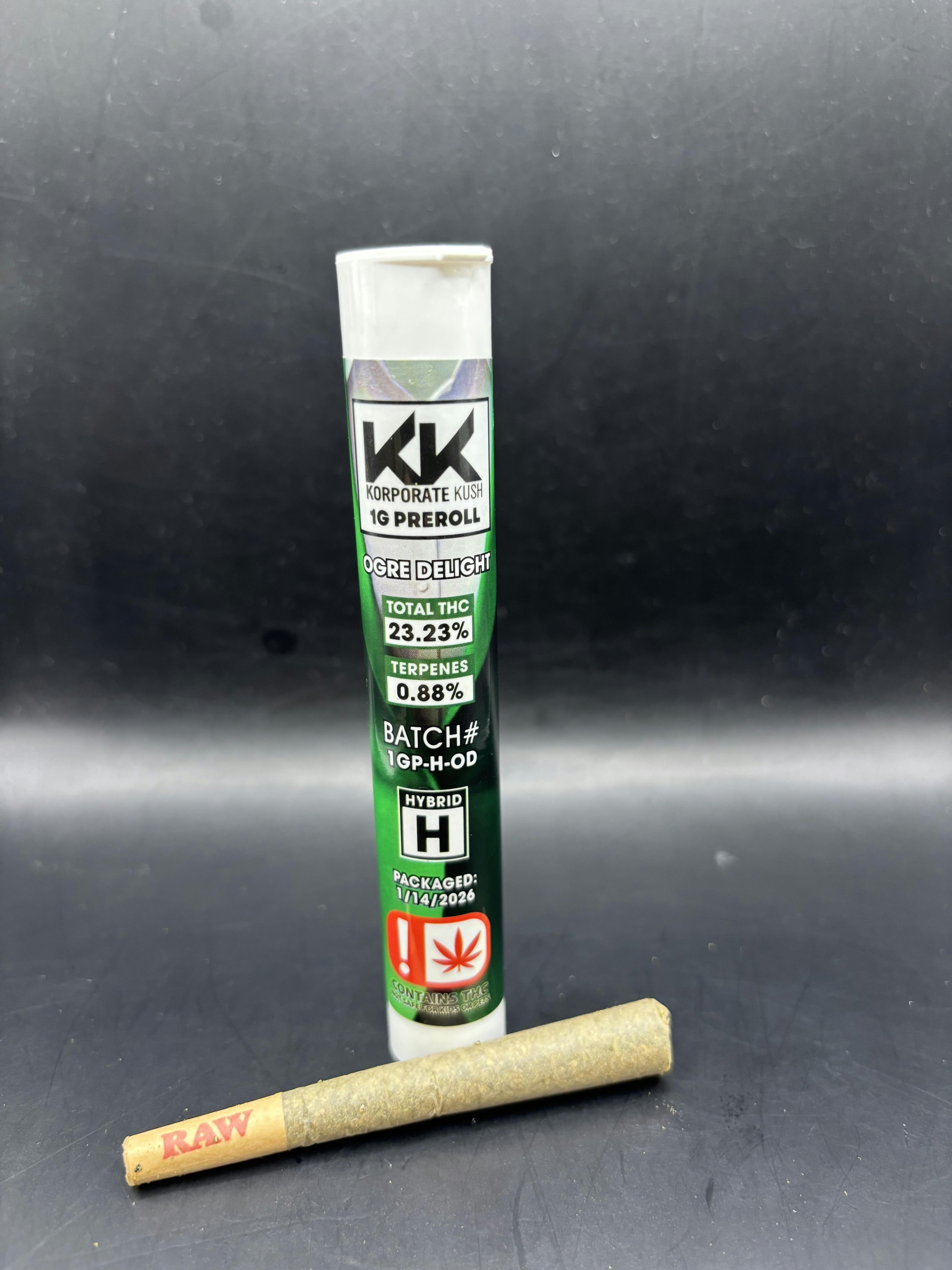 Korp Kush - Oger Delight - 1G Pre Roll (3G/$4.31) (20G/$25.86)
