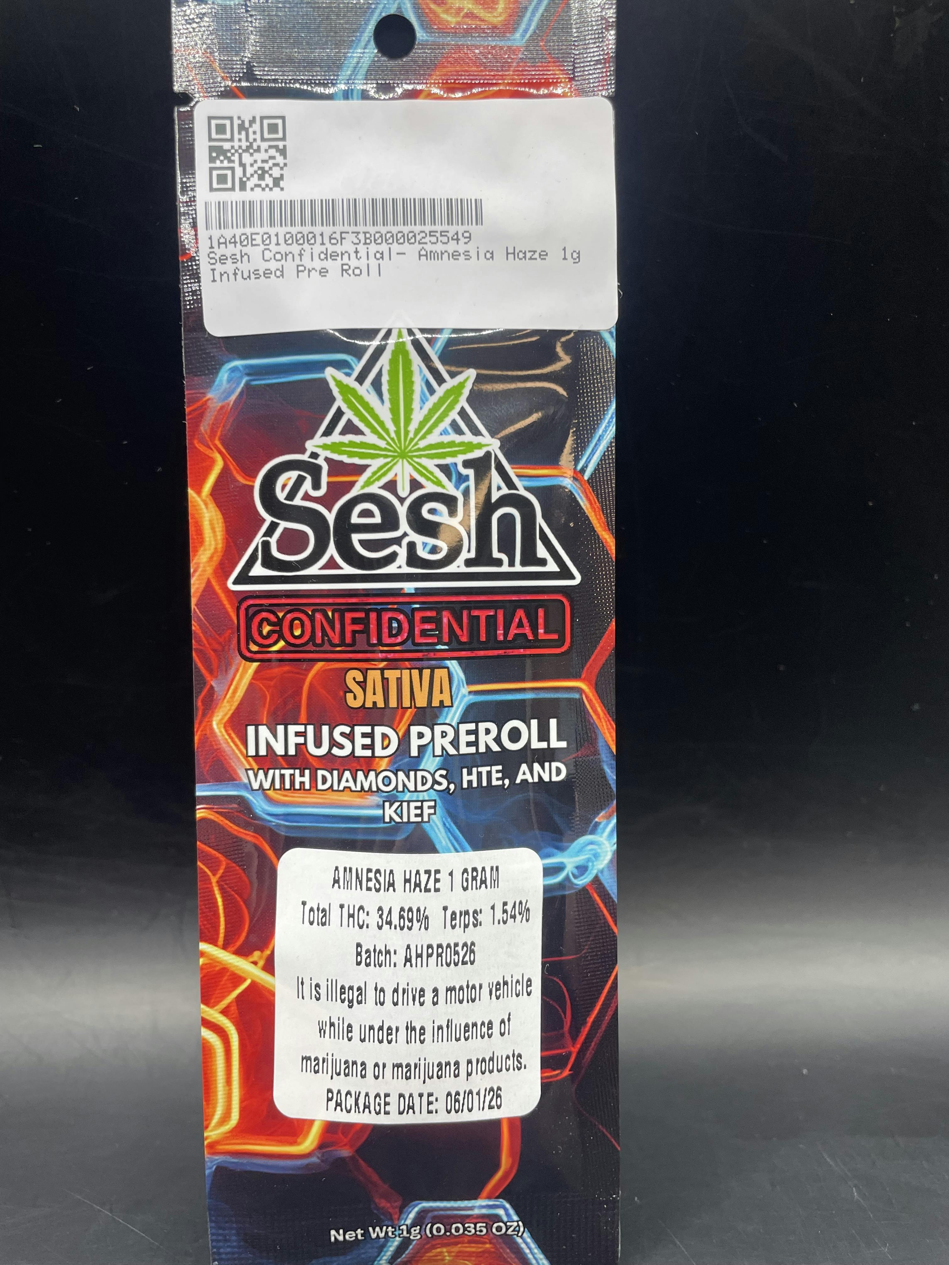 Sesh Confidential - Amnesia Haze - 1G Infused Pre Roll at Tropic Canna