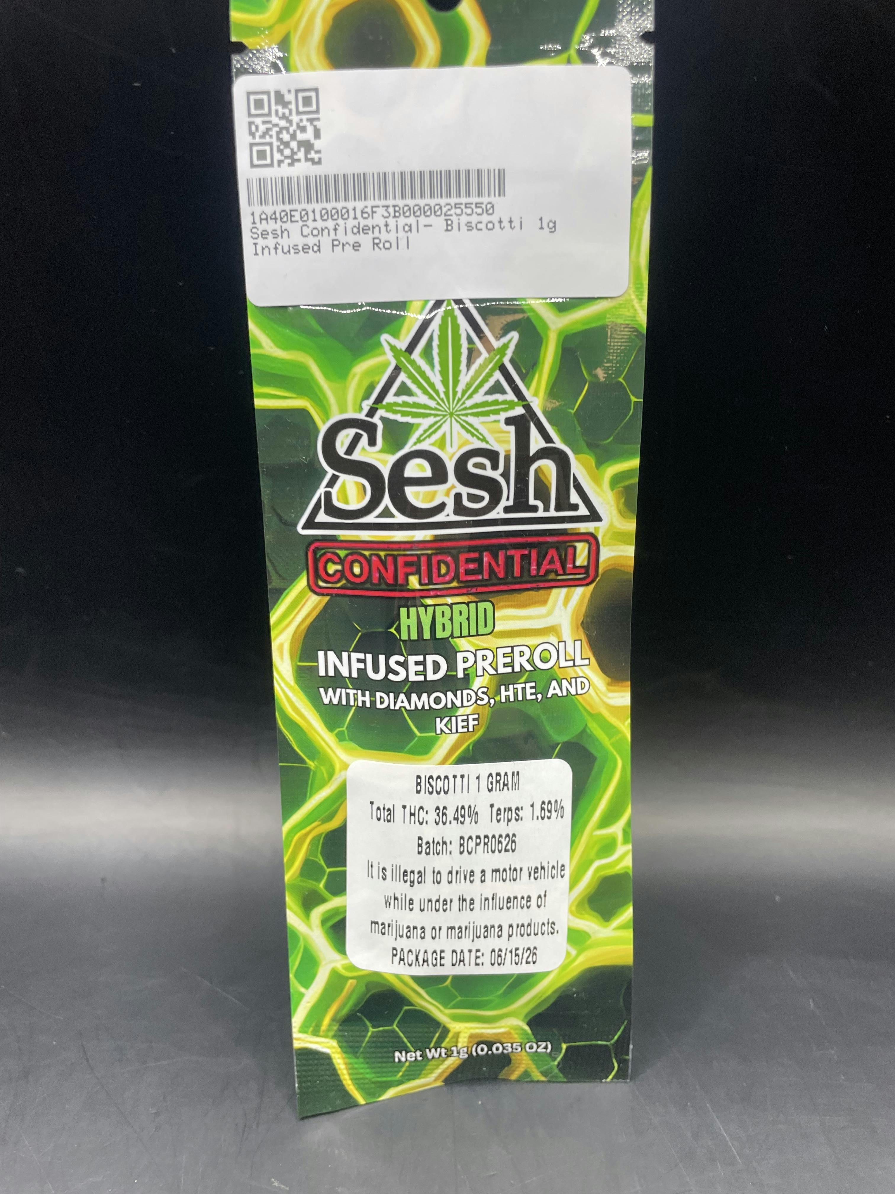 Sesh Confidential - Biscotti - 1G Infused Pre Roll at Tropic Canna