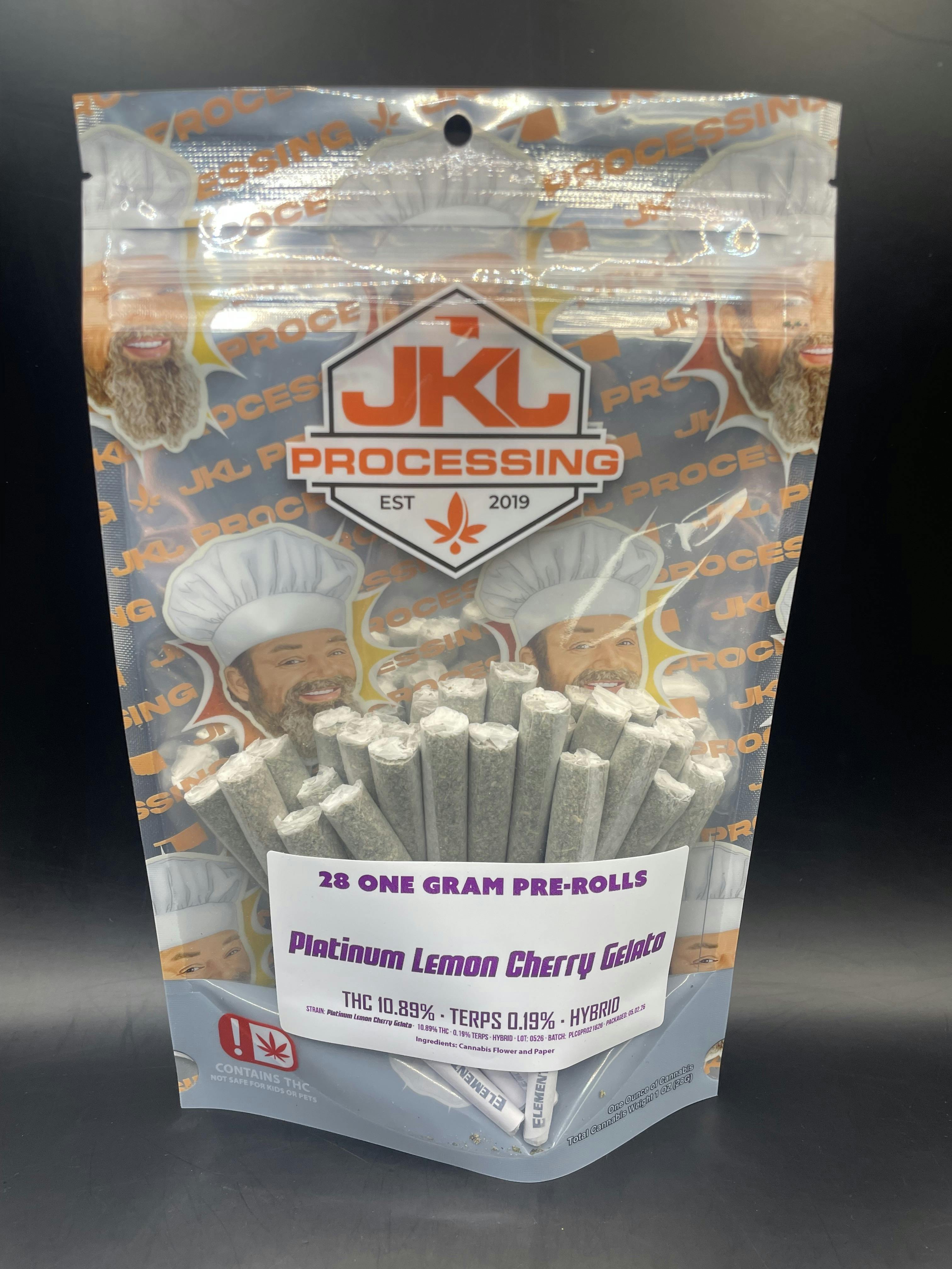 JKJ Processing - Platinum Lemon Cherry Gelato - 28G Pre Roll Pack