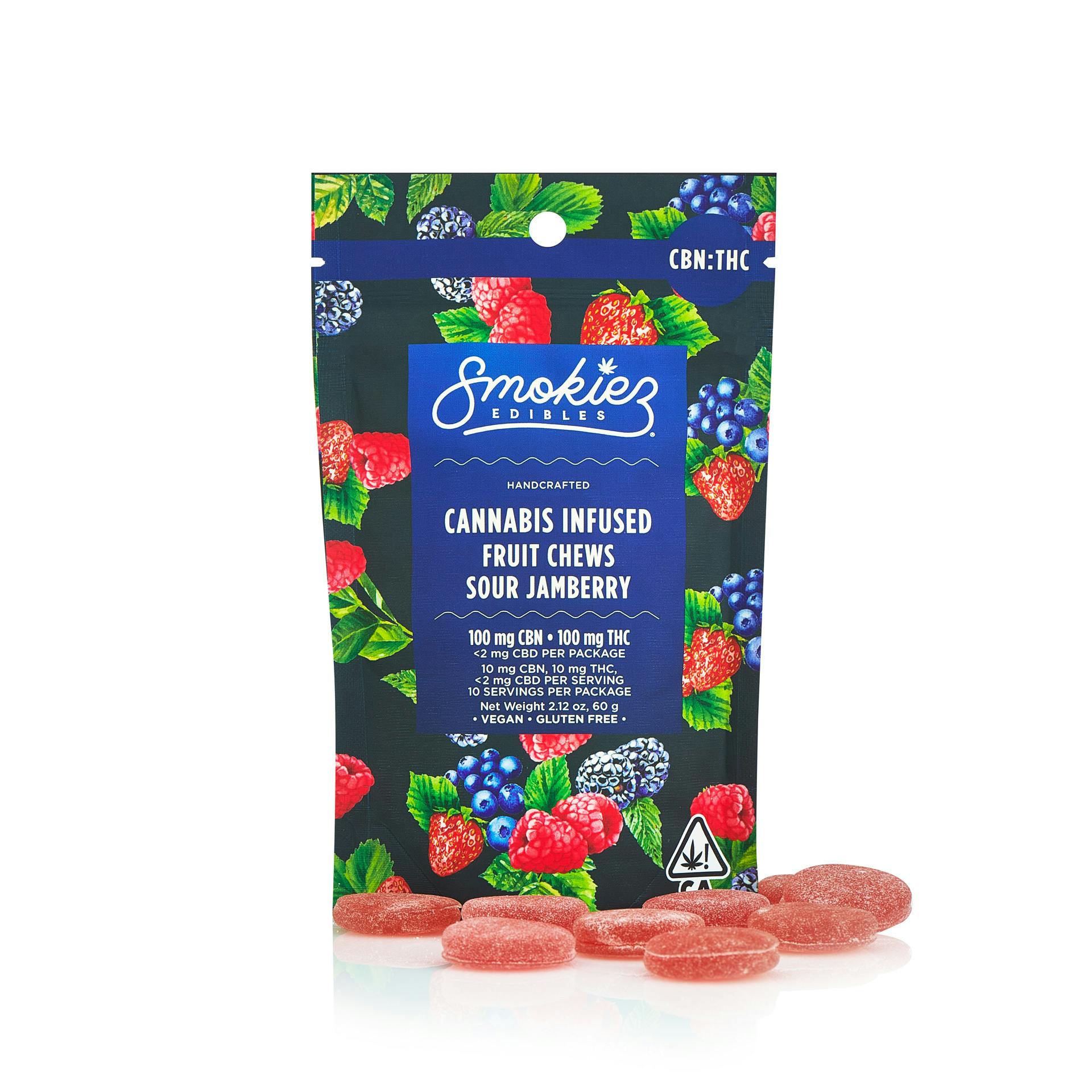 Sour Jamberry 100mg CBN : 100mg THC 1:1 Fruit Chews - CA