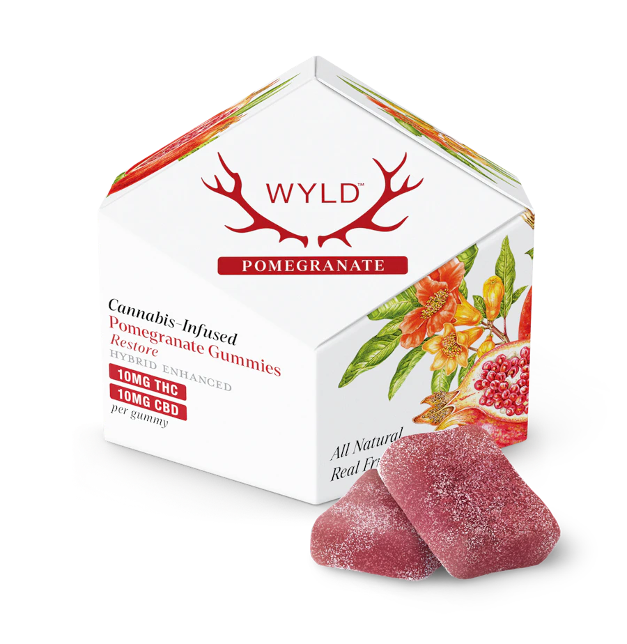 WYLD | Pomegranate 1:1 CBD + Hybrid Enhanced Gummies | 100mg | 10ct | 10mg — gummies listed on the Herbs 4 You menu