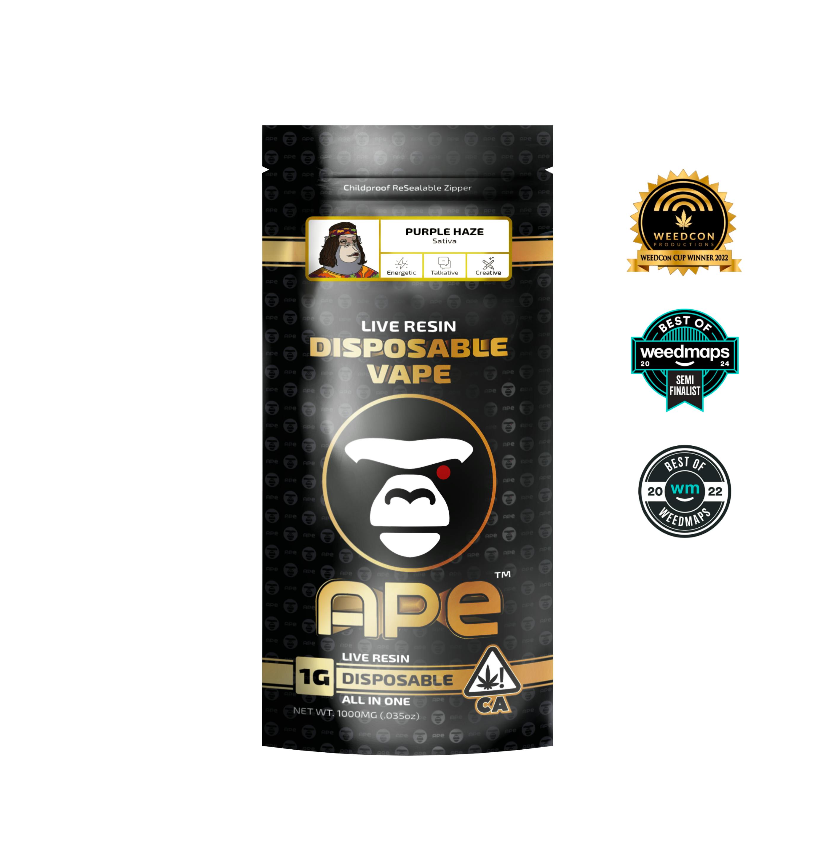 Purple Haze (Sativa)  1g APE Disposable Vape - APE Premium Cannabis Corp