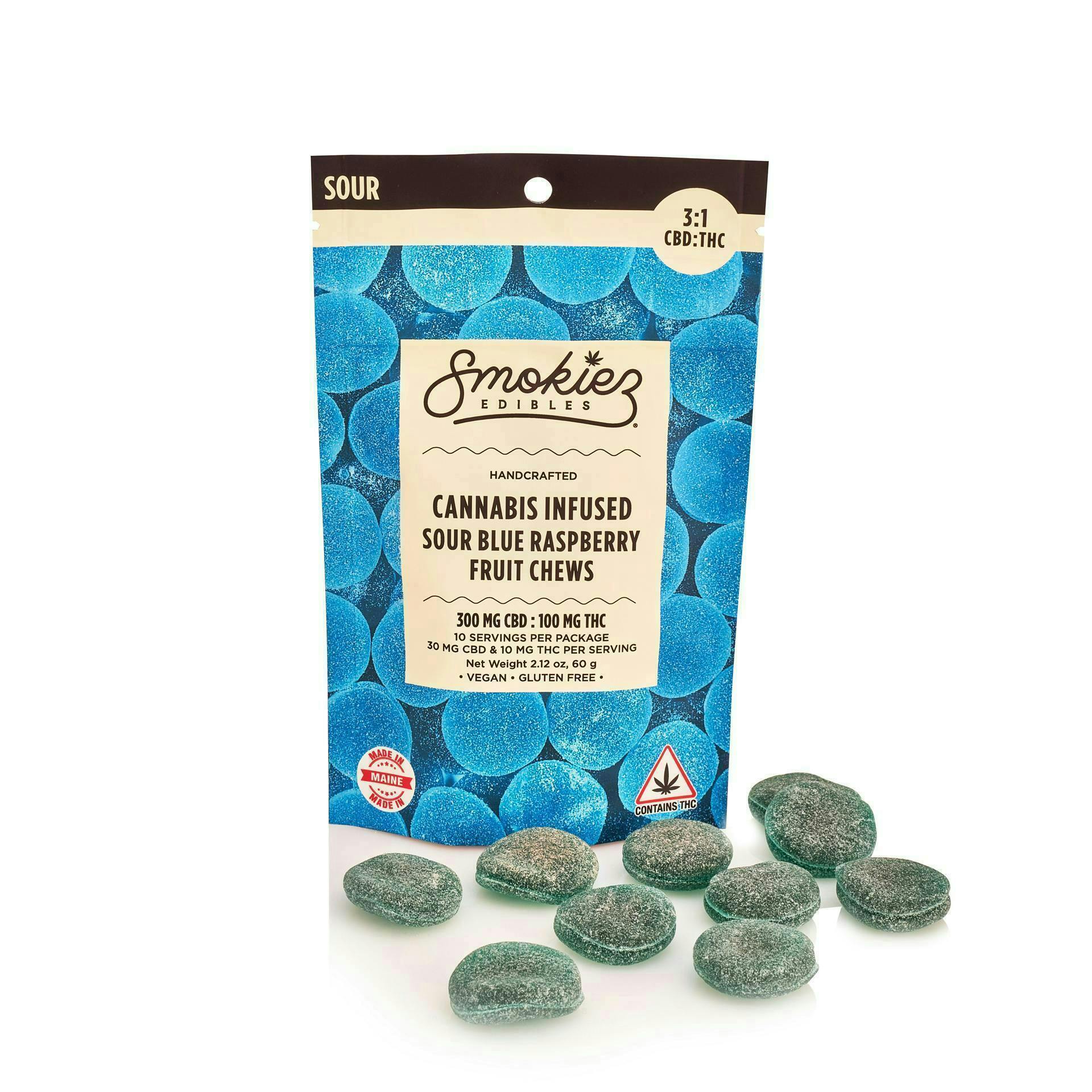 Sour Blue Raspberry Gummies CBD:THC 3:1 | 100mg | 10ct | 10mg/ea by Smokiez Edibles