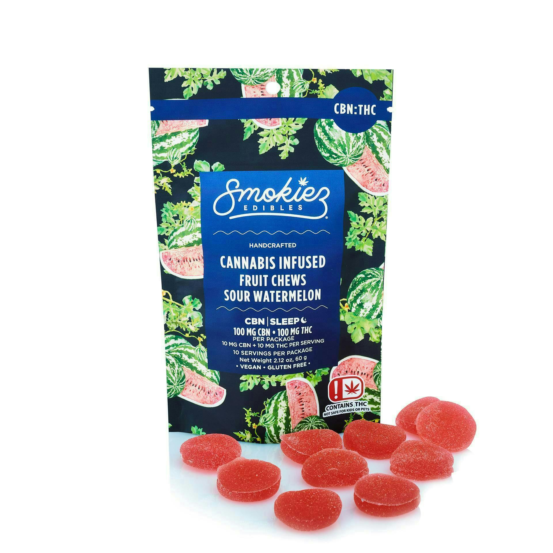 Sour Watermelon Gummies THC:CBN 1:1 | 100mg | 10ct | 10mg/ea by Smokiez Edibles