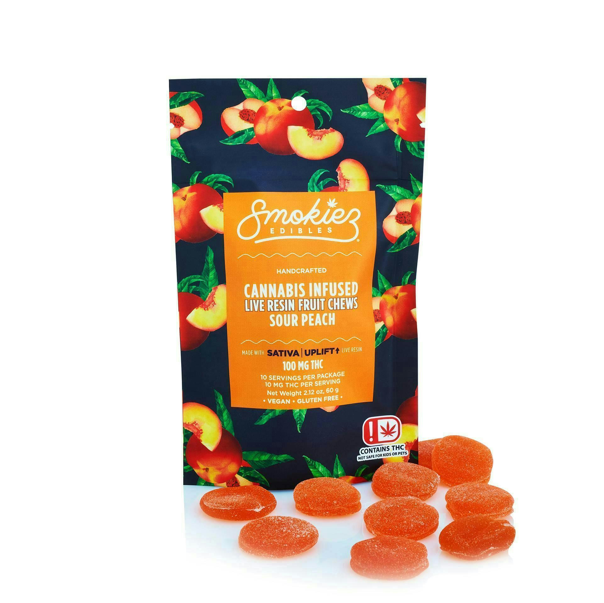 Sour Peach Sativa Live Resin Gummies | 100mg | 10ct | 10mg/ea by Smokiez Edibles