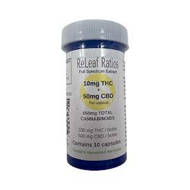 Releaf Ratios 10mg THC : 50mg CBD Capsules (10 per pack)