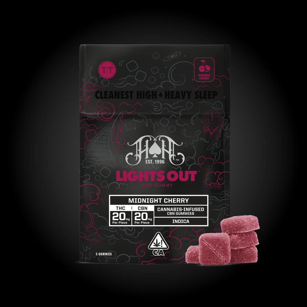 Lights Out | Midnight Cherry 1:1 THC:CBN Gummies | 100mg | 5ct | 20mg/ea