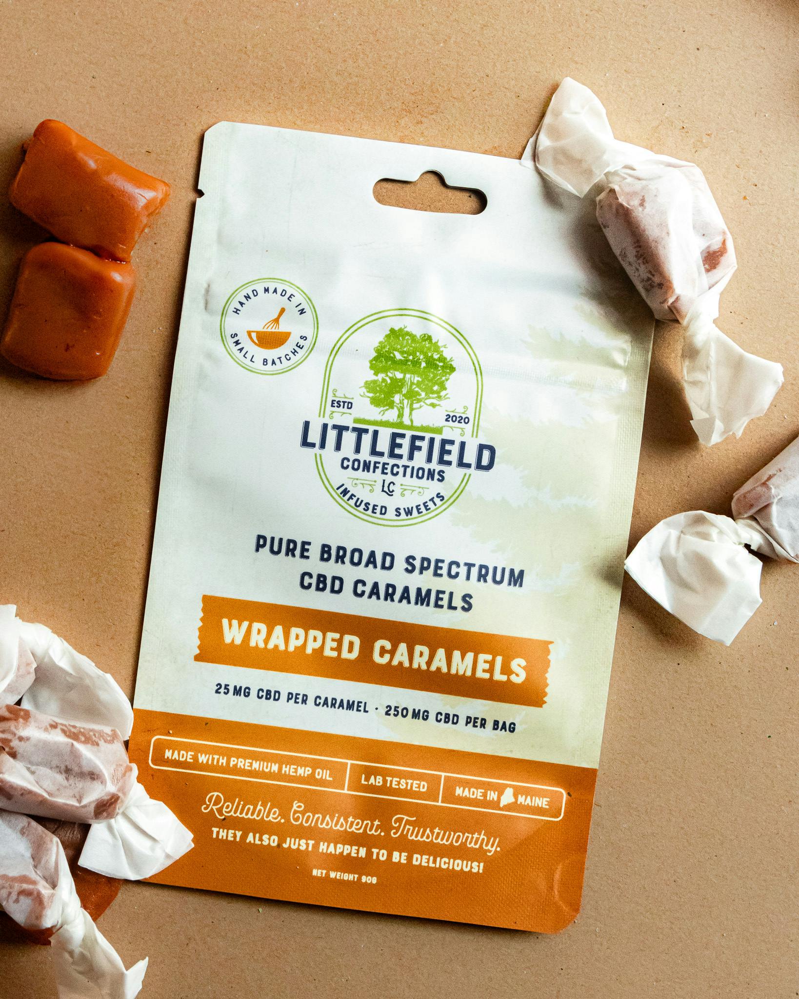 Wrapped CBD Caramels 25mg/pc 250mg Total by Littlefield Confections