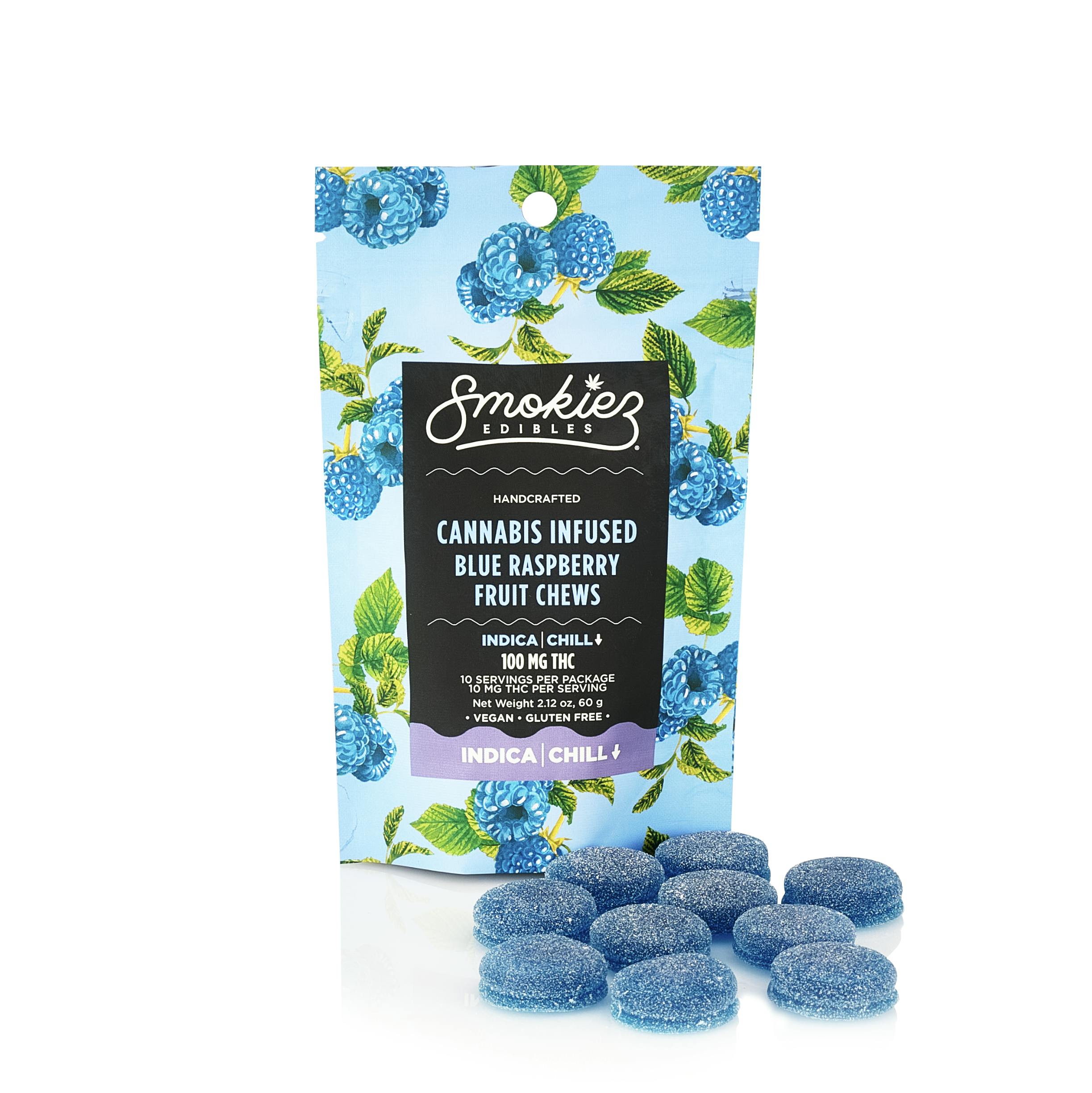 Blue Raspberry INDICA 100mg THC Fruit Chews AZ Smokiez Edibles