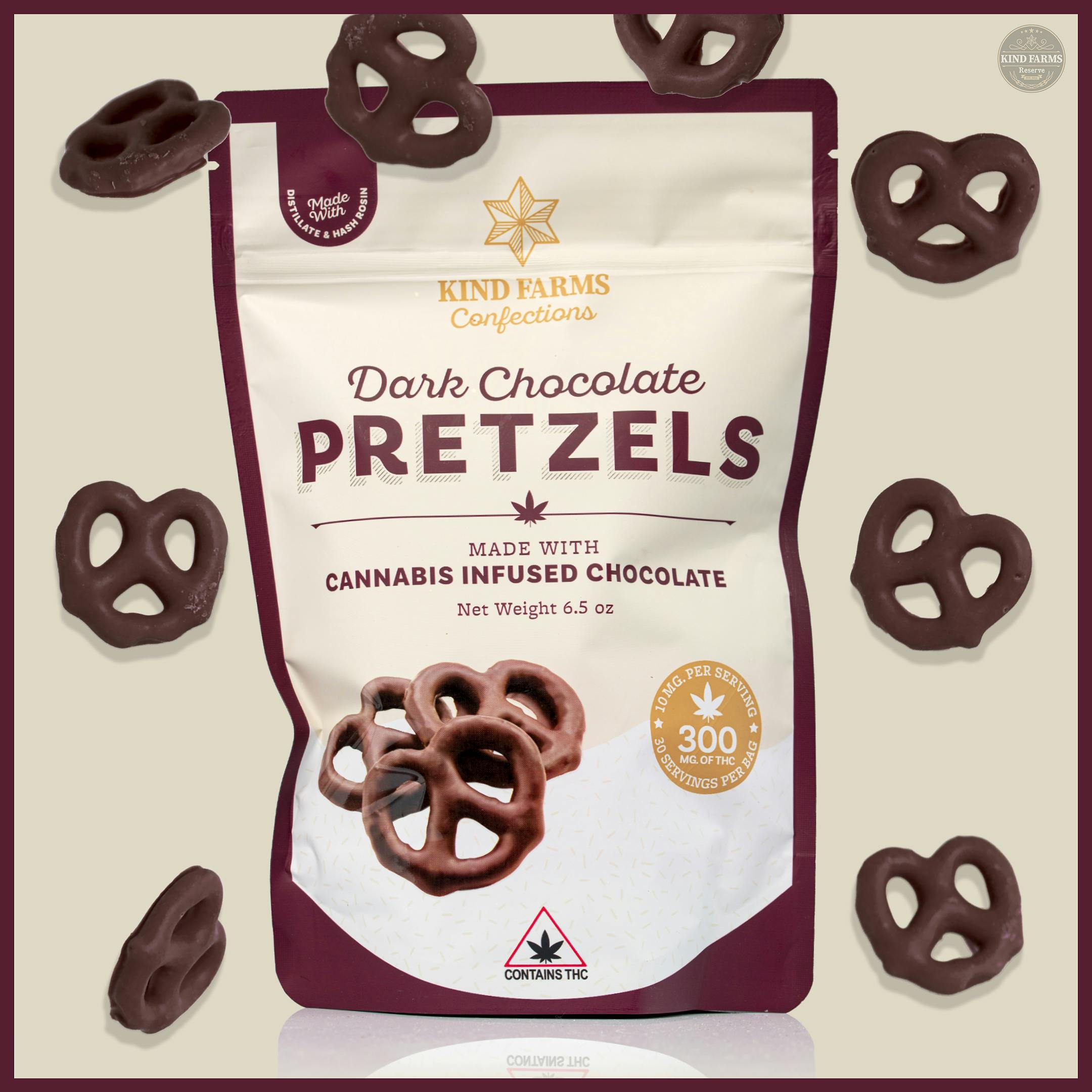 Dark Chocolate Covered Pretzels 300mg THC - Kind Farms Confections by Kind Farms Reserve