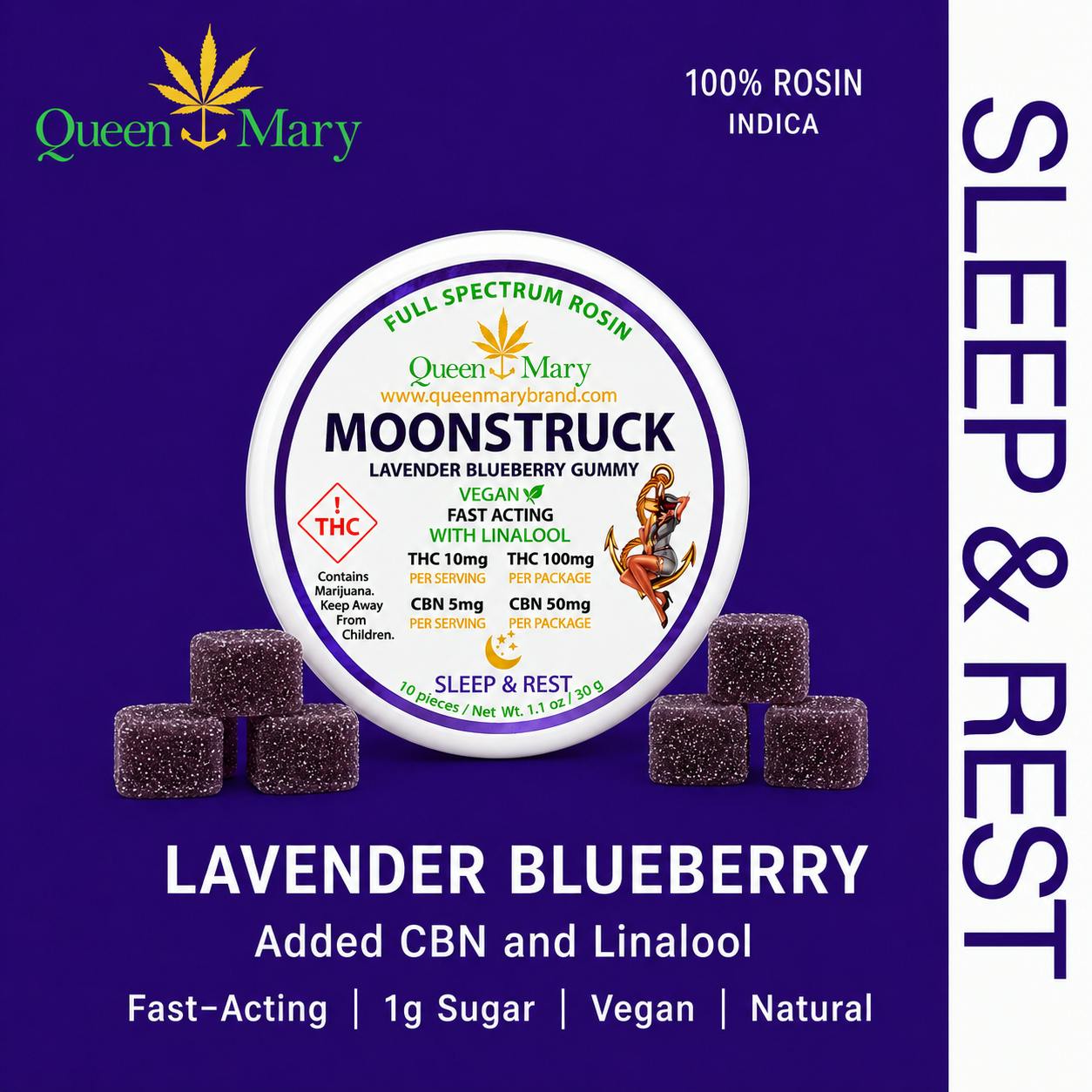 MOONSTRUCK – Sleep + Rest Live Rosin Gummy (10mg THC: Grease Bucket
