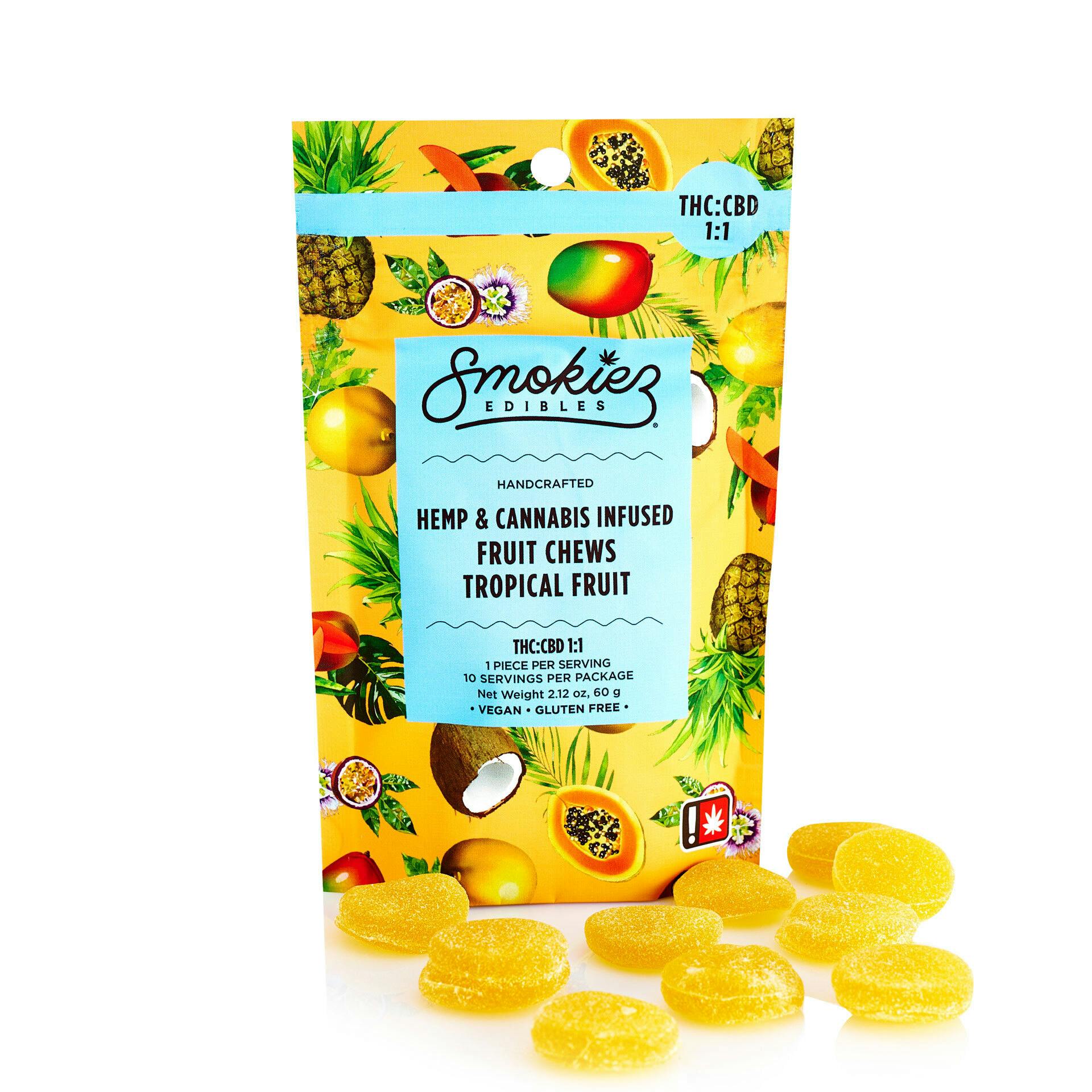 Smokiez Edibles Tropical Fruit 100mg CBD : 100mg THC Fruit Chews | Weedmaps