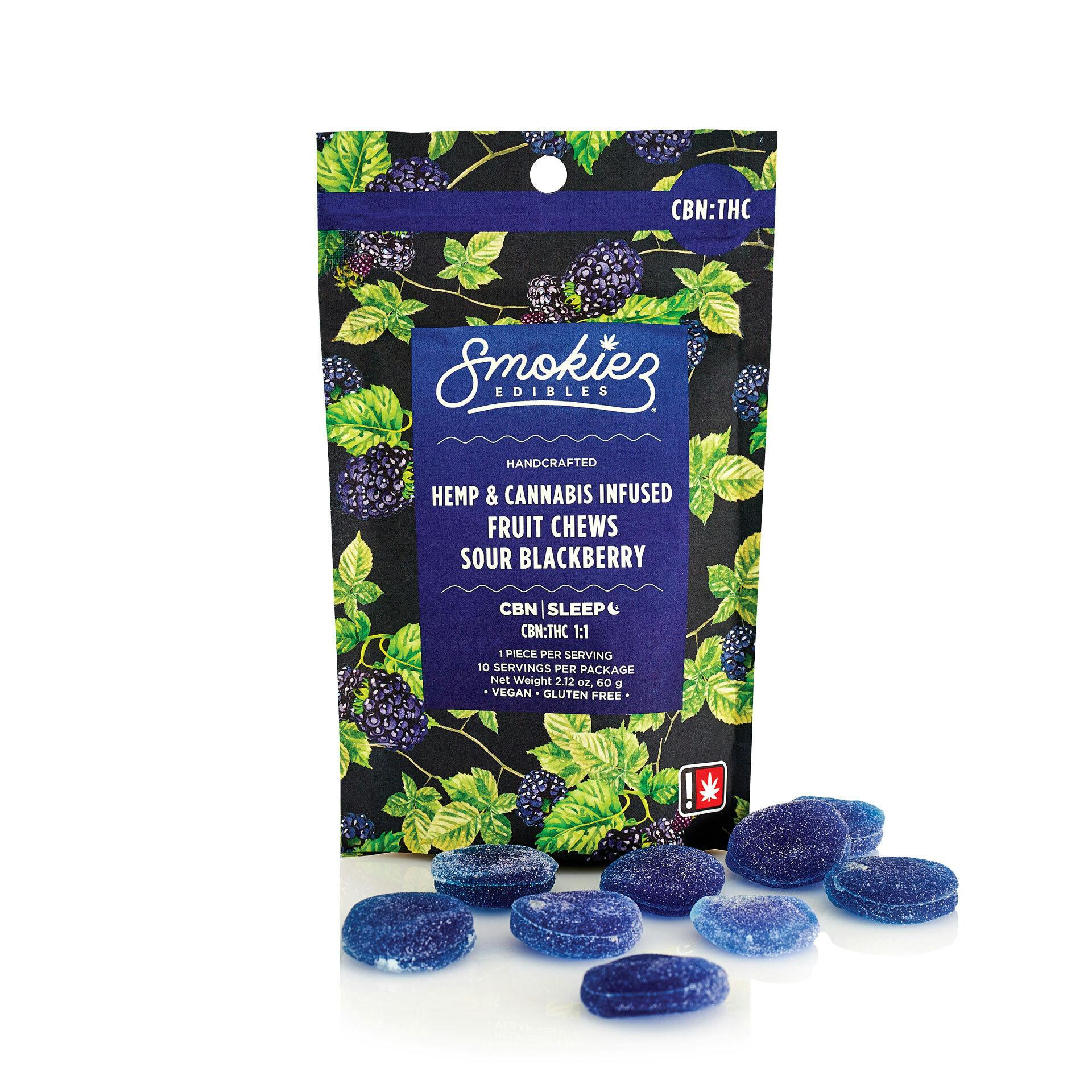 Sour Blackberry 100mg CBN 100mg THC Fruit Chews OR Smokiez Edibles
