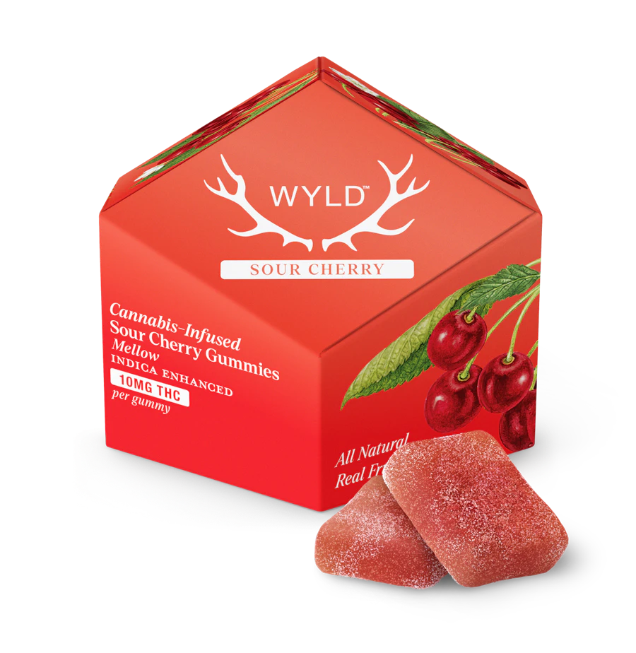 WYLD | Sour Cherry Indica Enhanced Gummies | 100mg | 10ct | 10mg/ea — gummies listed on the Herbs 4 You menu