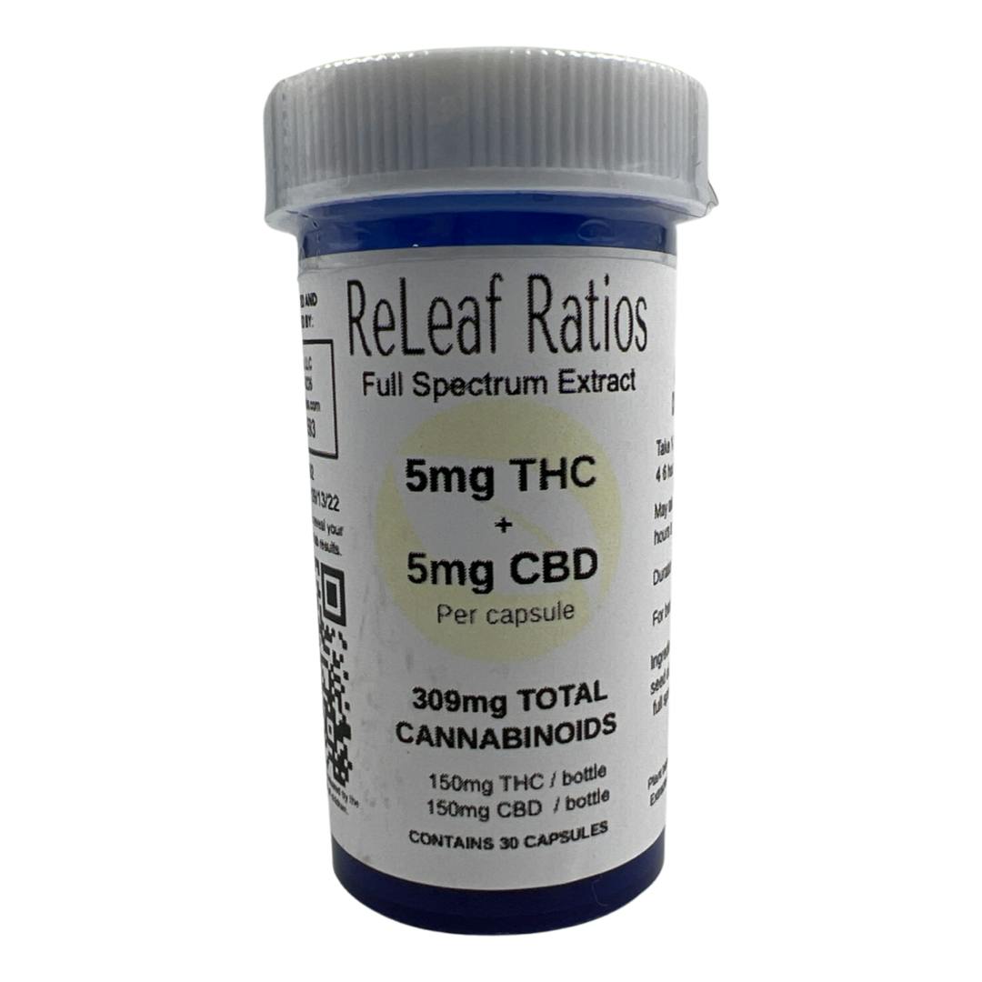 5mg THC 5mg CBD Capsules (30 Per Bottle) ReLeaf Ratios