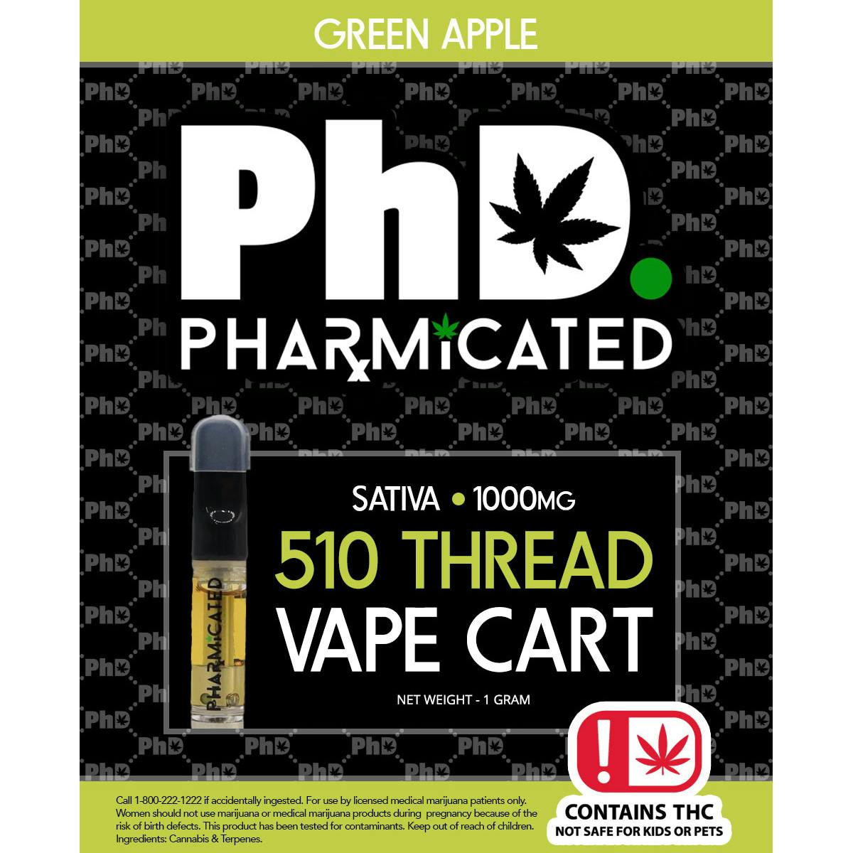 Pharmicated 510 Thread Vape Cart - 1000 mg - Green Apple (S)