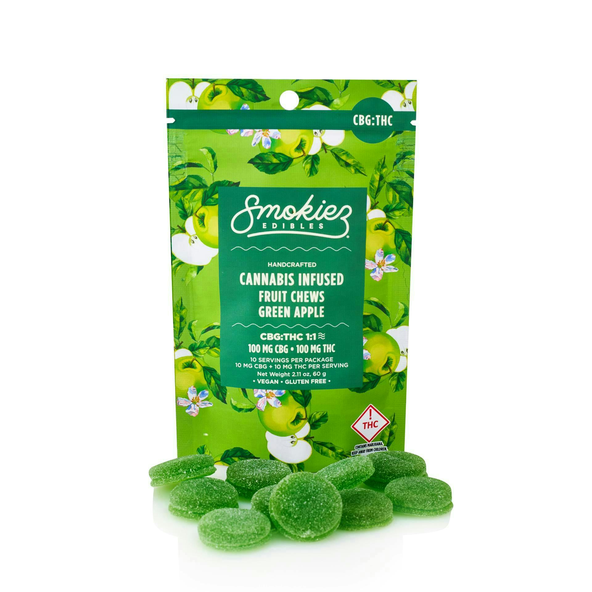 Green Apple Gummies THC:CBG 1:1 | 100mg | 10ct | 10mg/ea by Smokiez Edibles