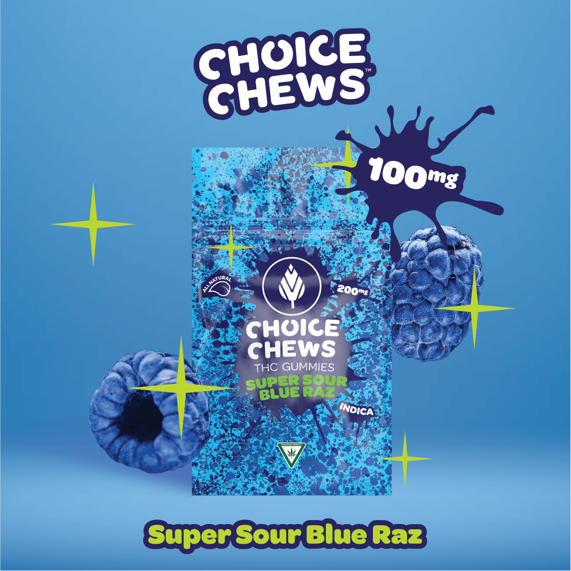 Choice Chews - Super Sour Blue Raz Gummies (Indica) - 100mg at The Dude Abides Mottville