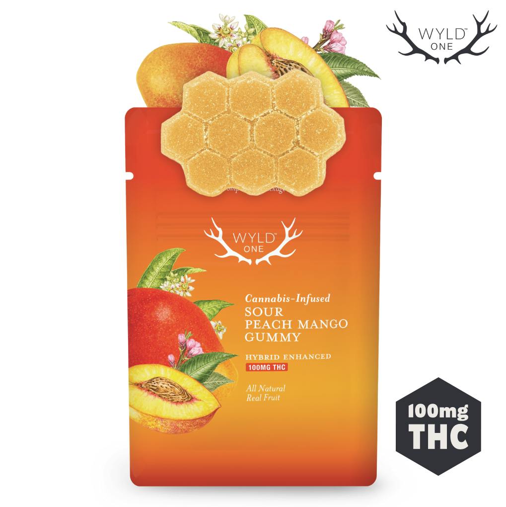WYLD ONE · Sour Peach Mango Hybrid Enhanced Scored Gummy · 100mg