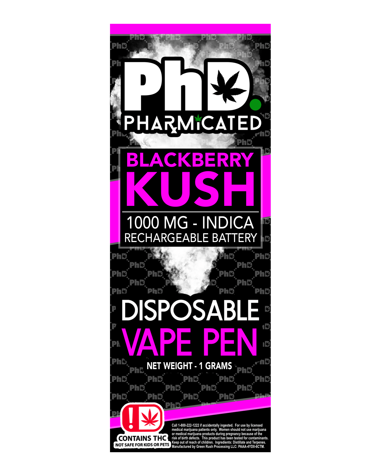 PhD Disposable Vape Cart- 1000 mg - Blackberry Kush (I)