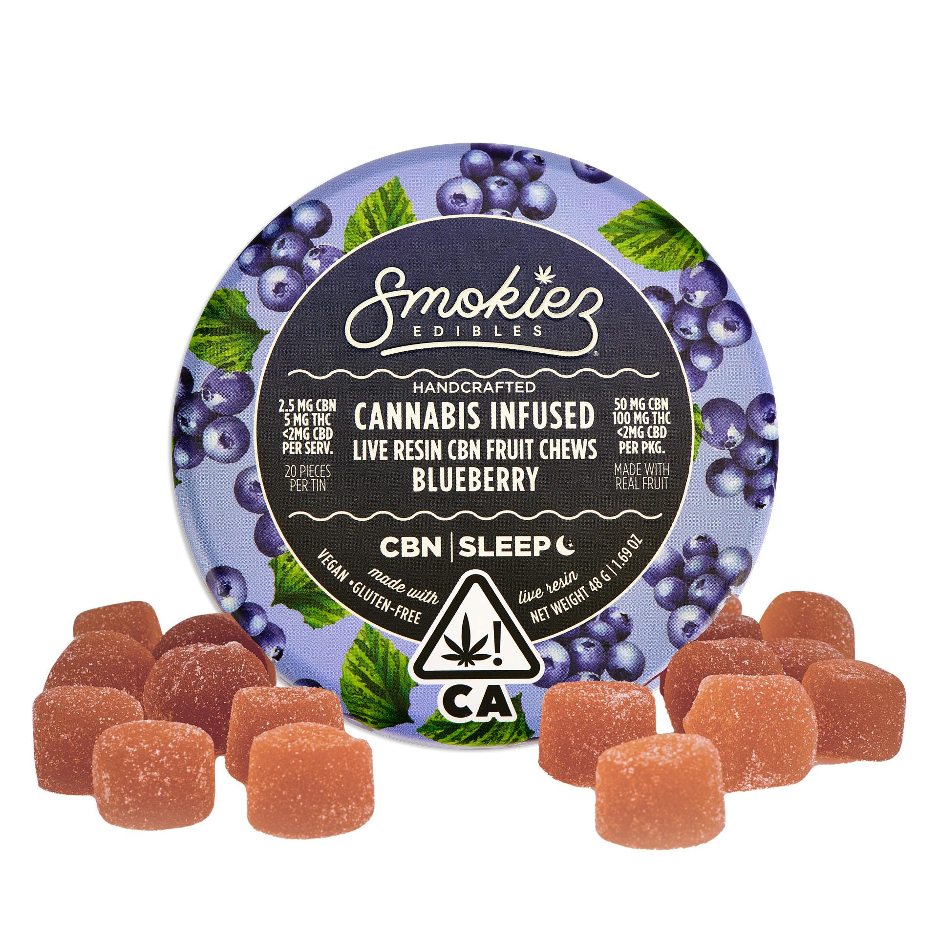 Blueberry 50mg CBN : 100mg Live Resin THC 1:2 Fruit Chews - CA