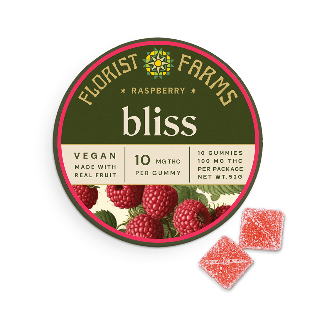Florist Farms | Bliss Raspberry Gummies | 100mg | 10ct | 10mg/ea at Corner House