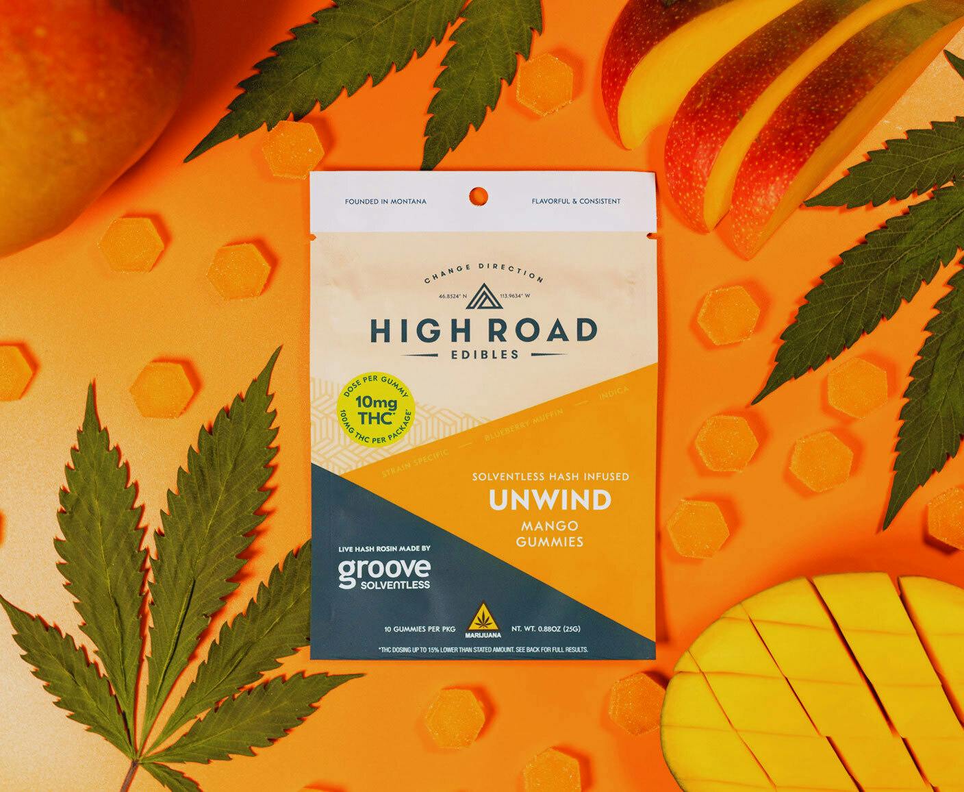 Mango Unwind Sovlentless Live Rosin Gummies, 100mg 10-pack by High Road Edibles