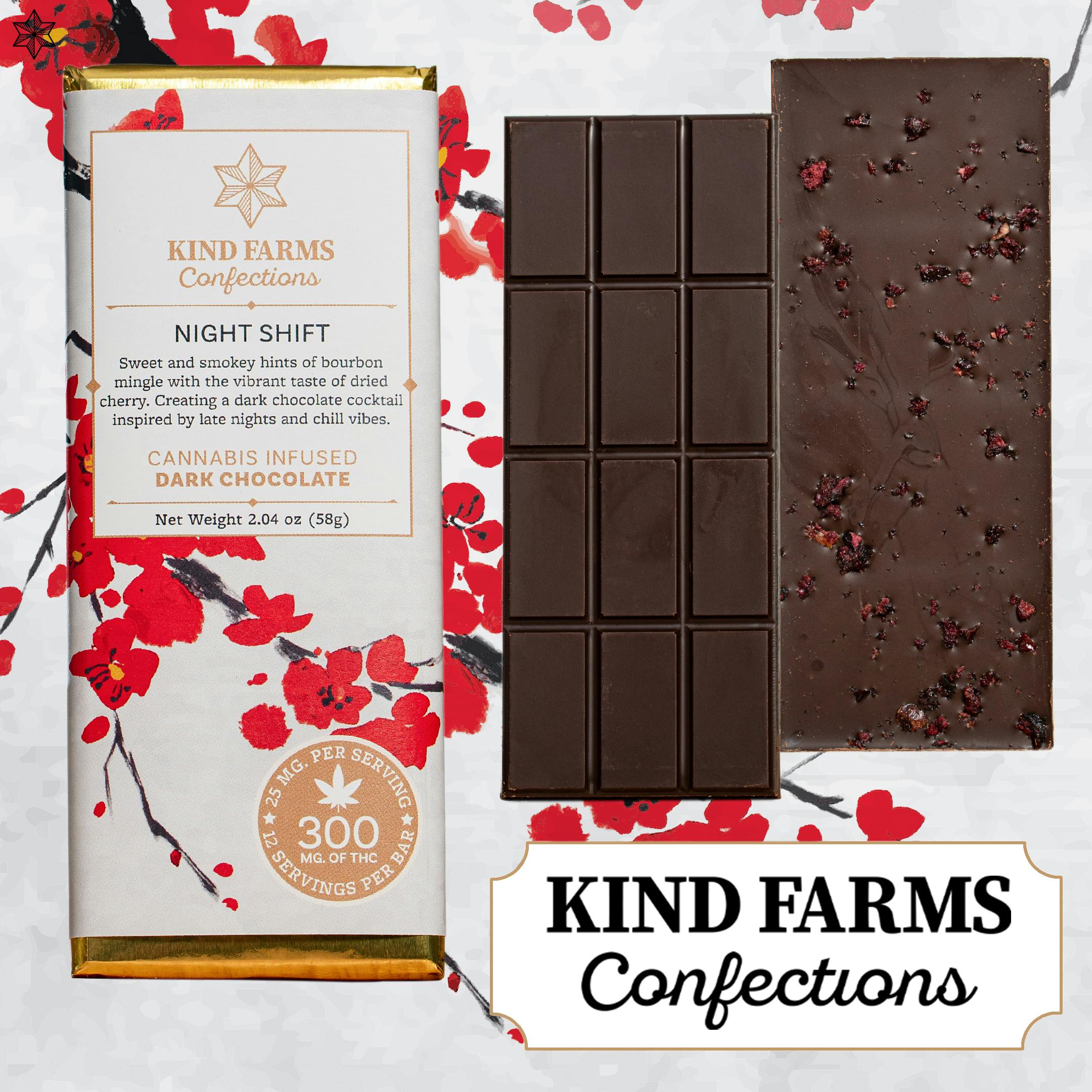 Dark Chocolate Bourbon Cherry Bar 300mg THC - Kind Farms Confections by Kind Farms Reserve